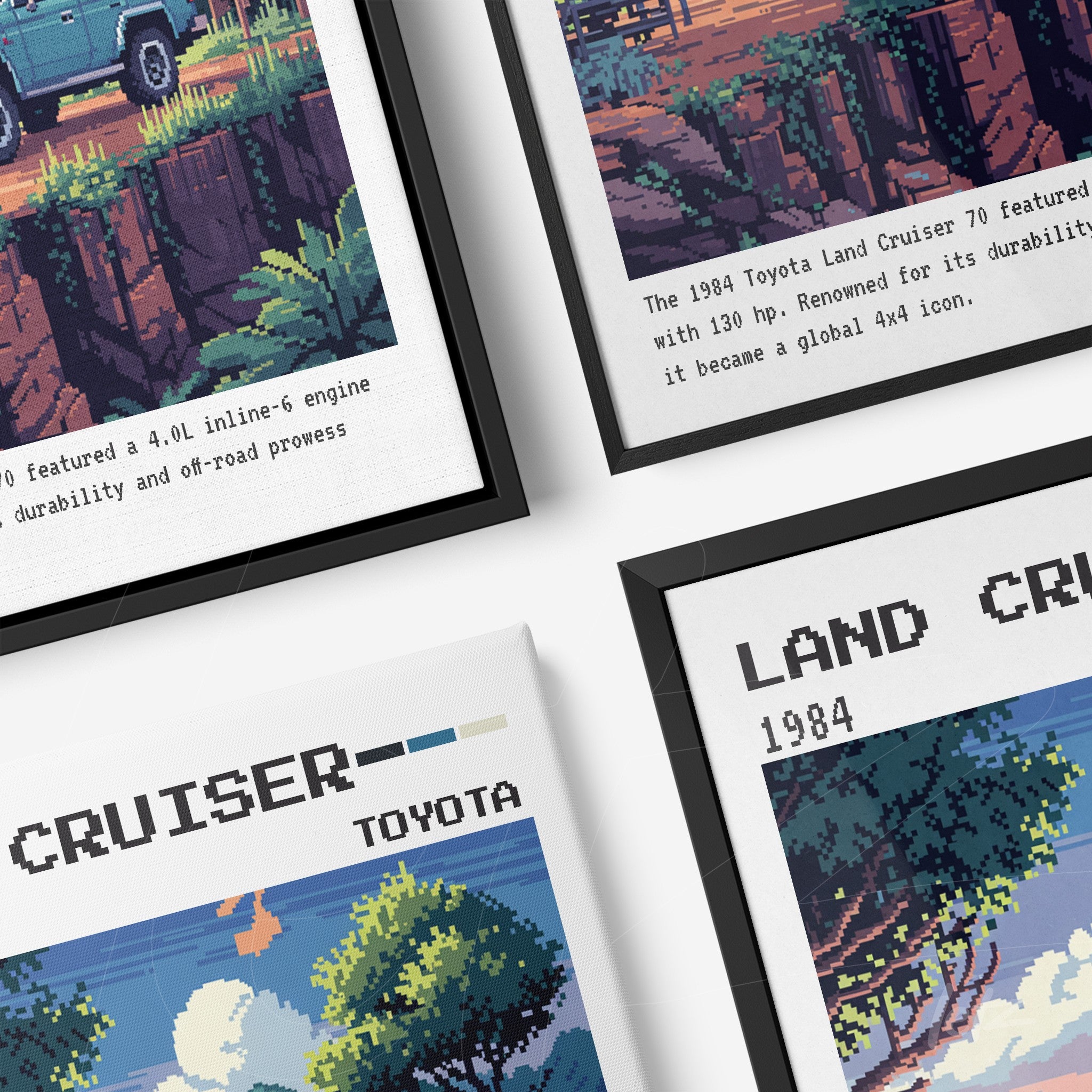 retro style collection of pixelated illustrations of the 1984 Toyota Land Cruiser, in black and white frames