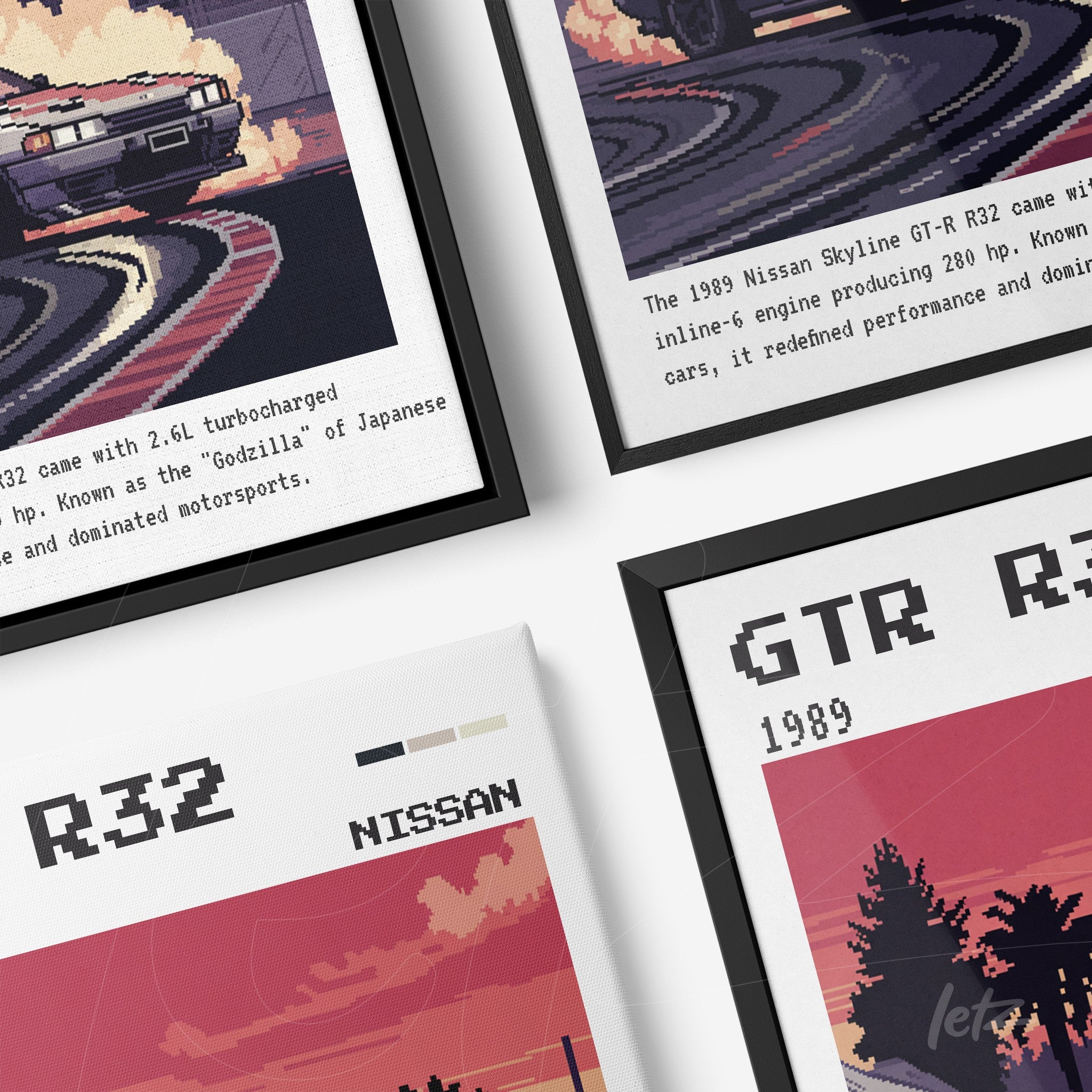 composition of framed pixel art featuring the 1989 nissan skyline gt-r r32 in black frames, showcasing details of the car