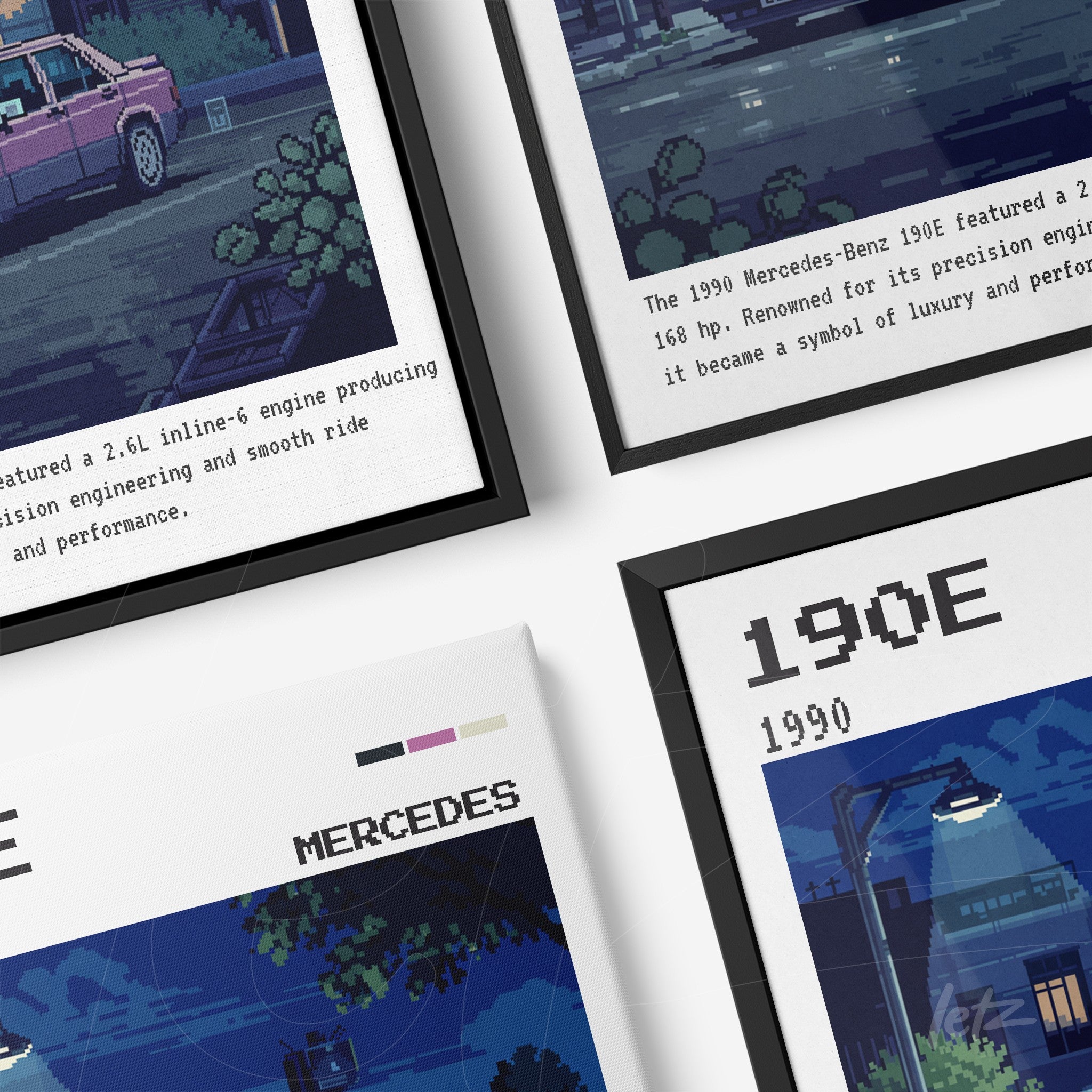 collection of framed wall art featuring pixelated illustrations of Mercedes-Benz 190E, black frames, set against a night background with soft lighting
