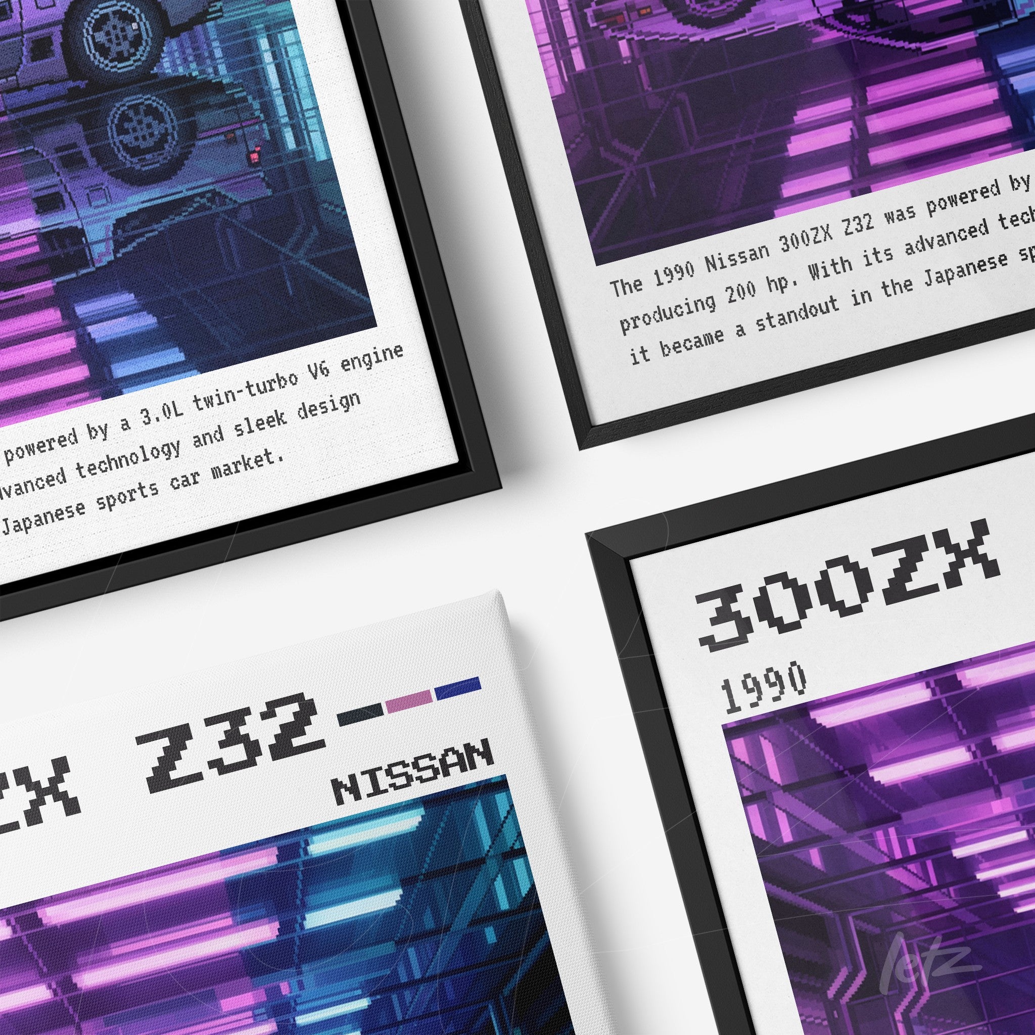collection of framed digital art featuring the 1990 Nissan 300ZX Z32 in retro style, emphasizing its design and technology against a futuristic background