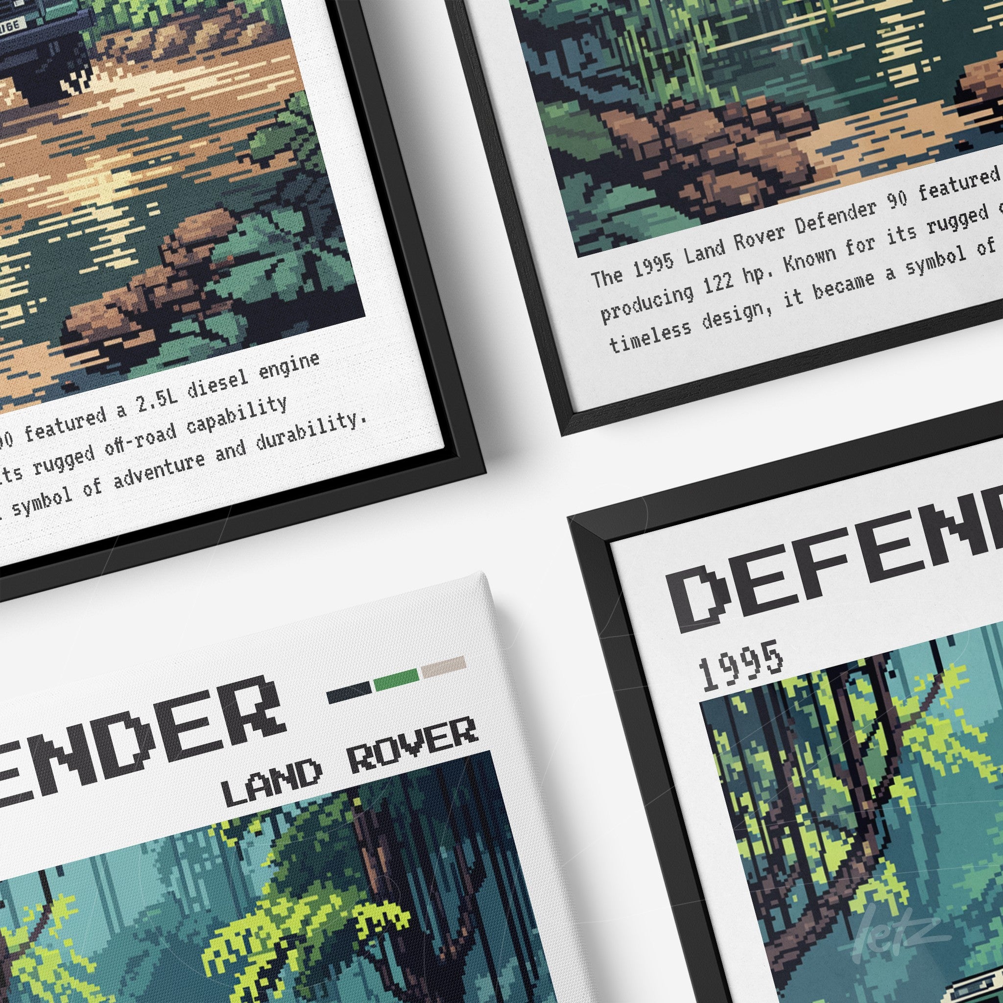 series of frames featuring pixel art illustrations of the 1995 Land Rover Defender off-road vehicle in black and white frames