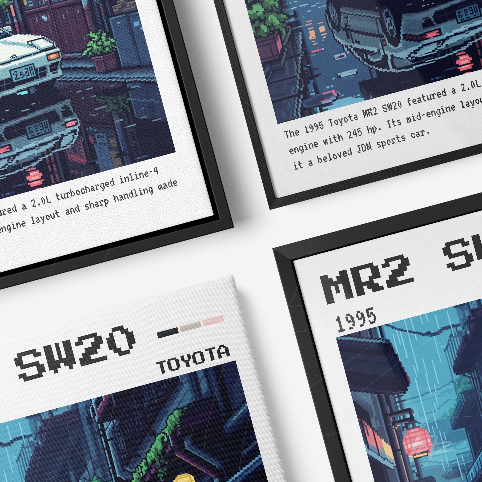 framed wall art composition featuring vintage toyota mr2 sw20 in pixel art style with night city details and black frames