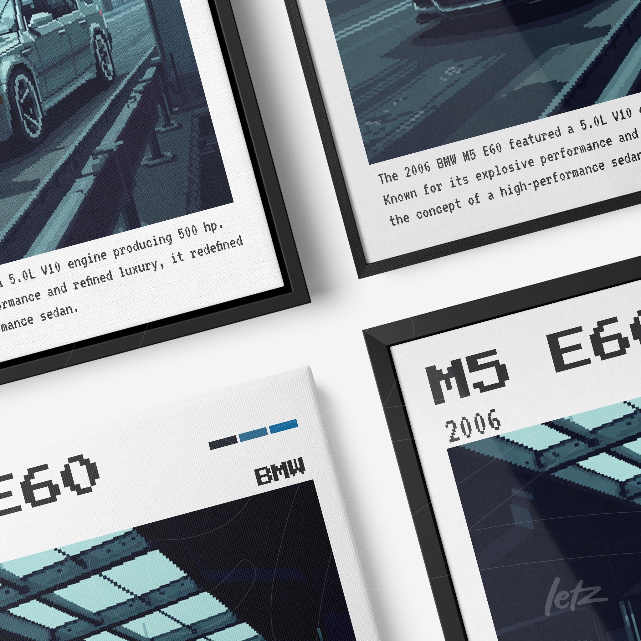 square arrangement of digital artwork featuring the BMW M5 E60 with black and white frames