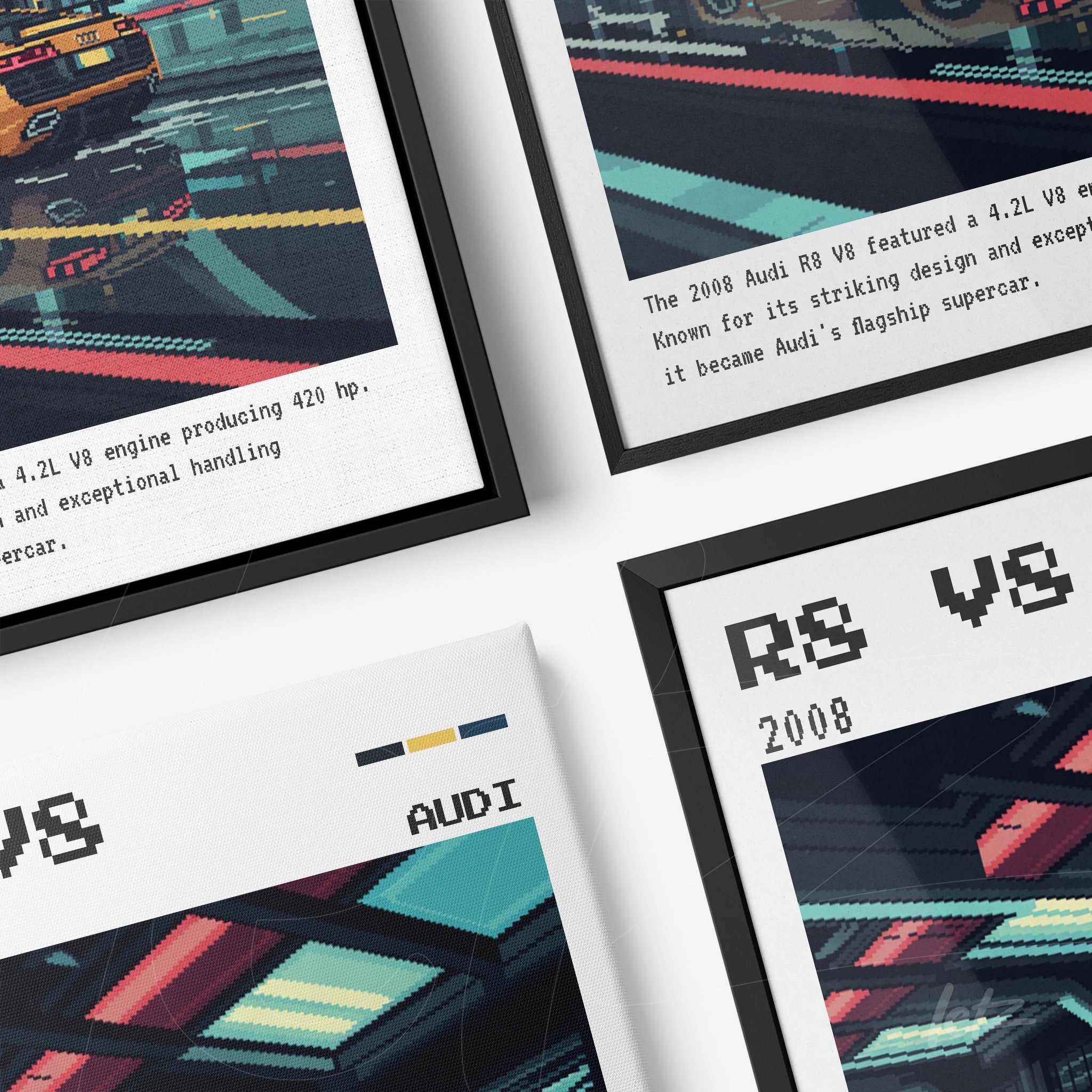 collection of framed digital art featuring an audi r8 car, black and white frames, text detailing the v8 engine performance