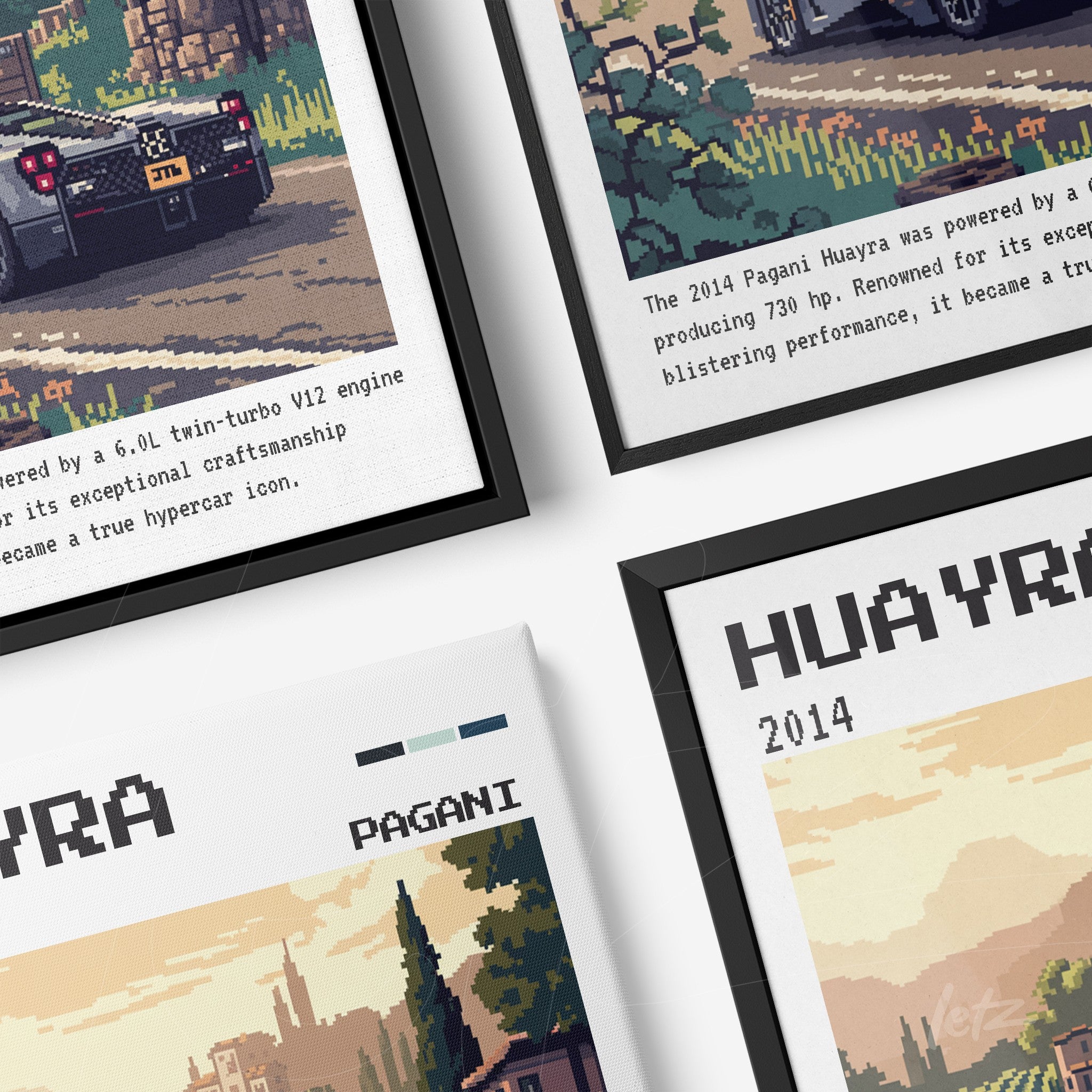 collection of digital wall art featuring the pagani huayra car in retro style, black frames with white details and a scenic background