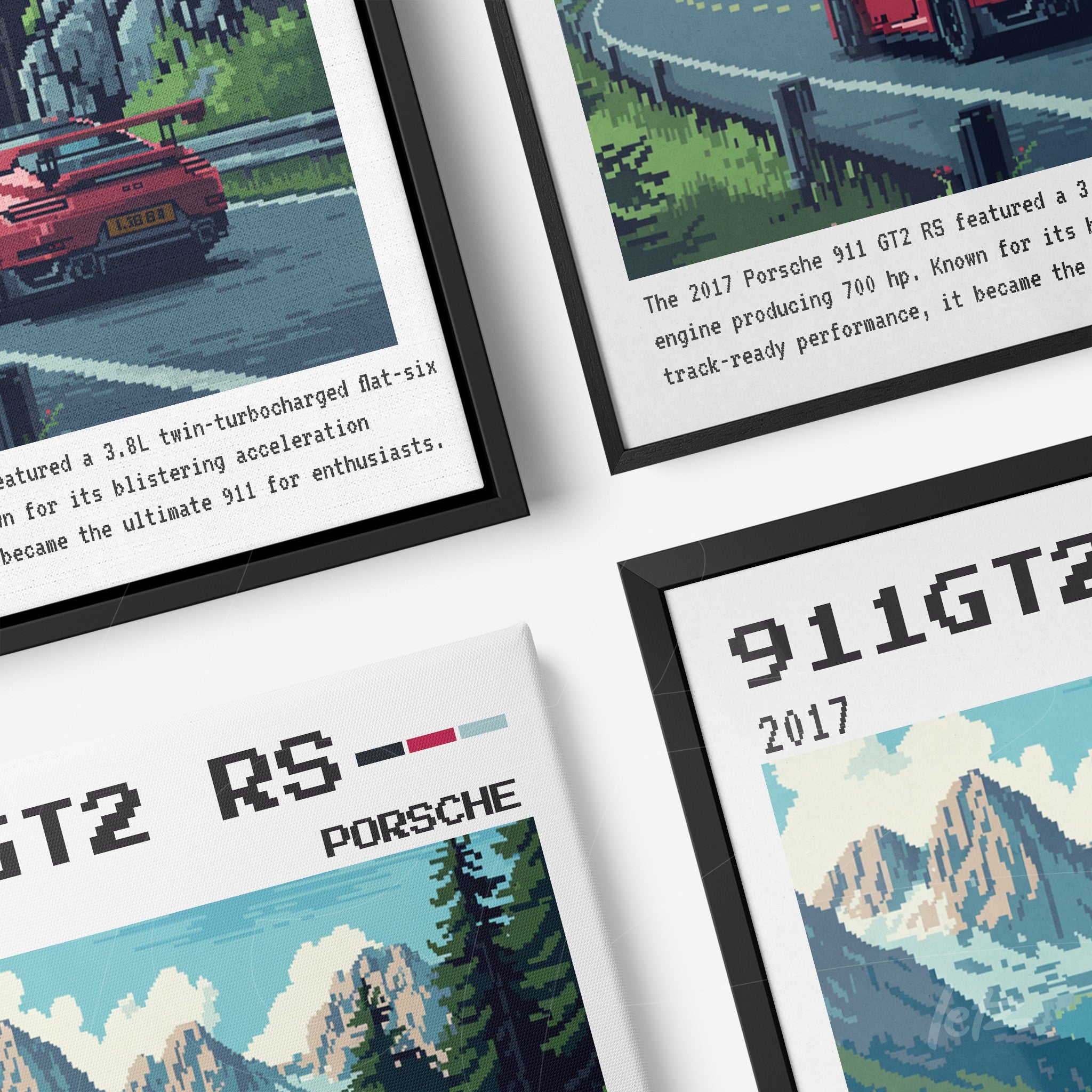 framed pixel art collection of Porsche 911 GT2 RS and 911 GT3 RS, featuring black and white frames showcasing the designs