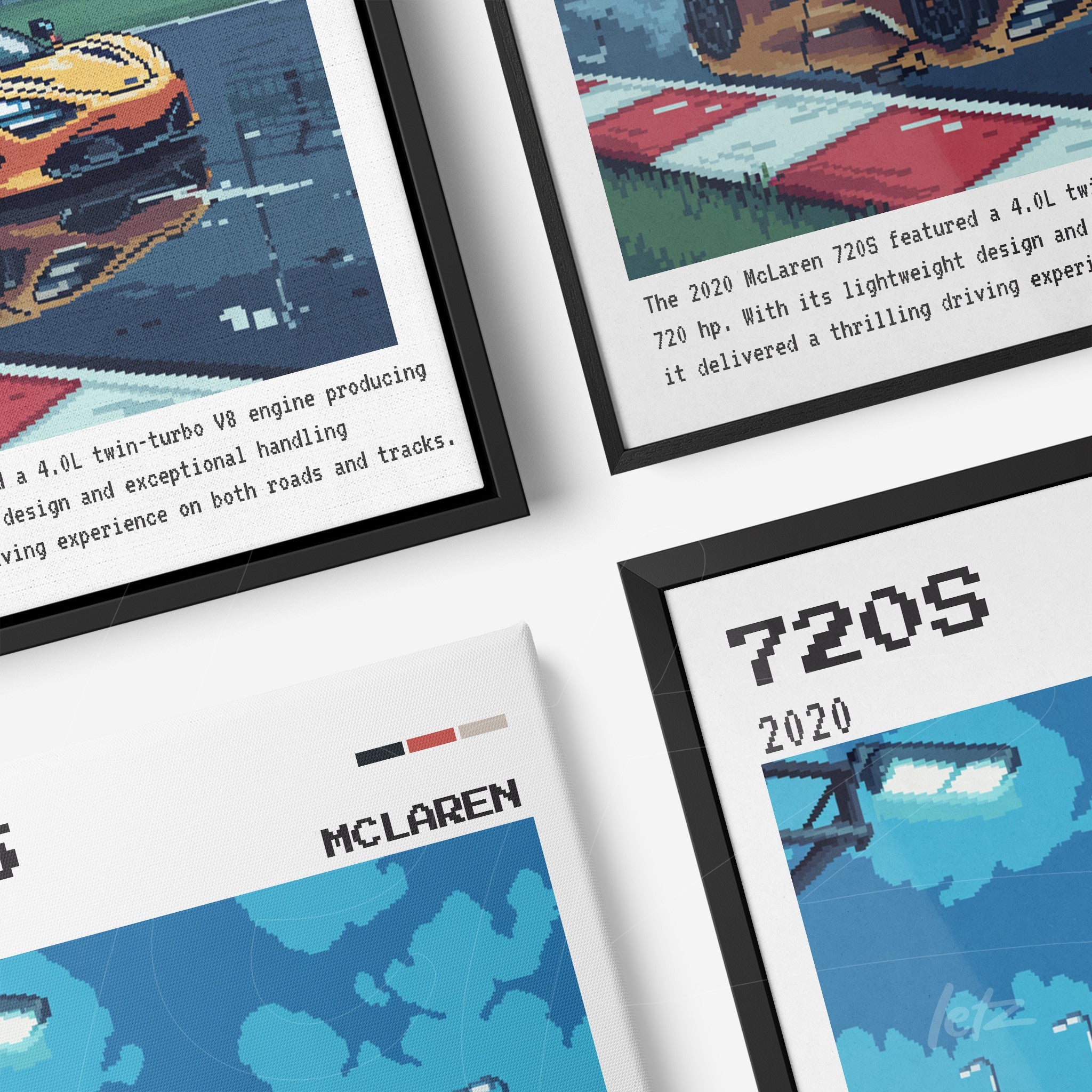 collection of framed pixel art featuring the McLaren 720S with information about the car's design and performance on a blue background