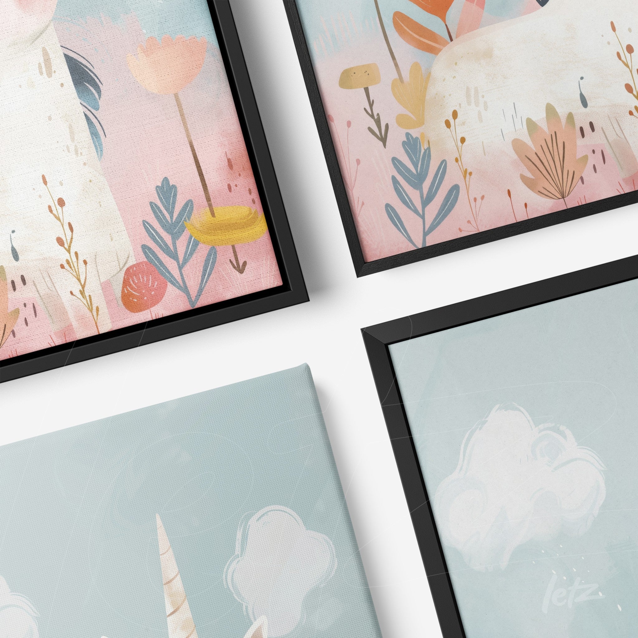 collection of framed wall art featuring delicate illustrations of unicorns and flowers in black frames