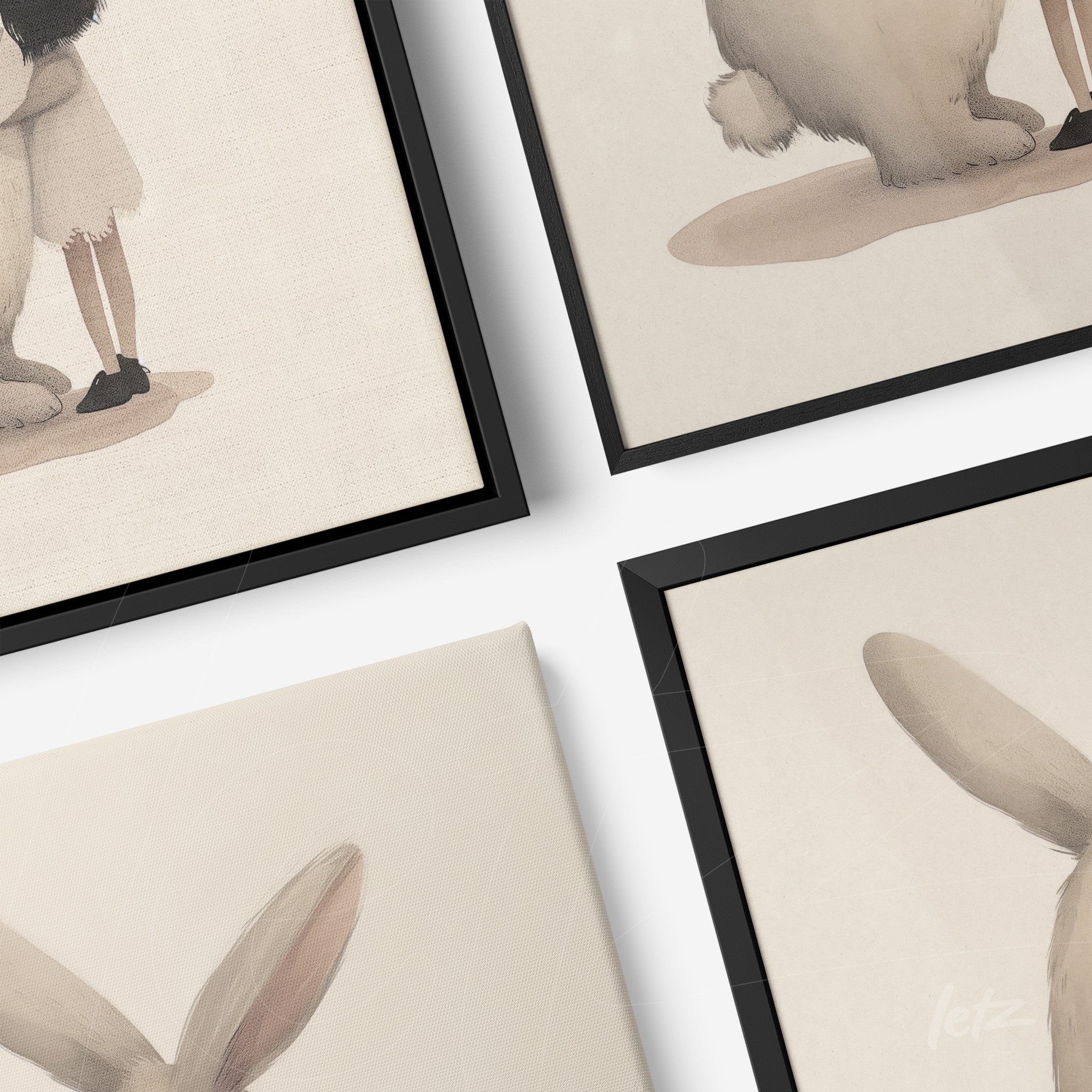 arrangement of wall art featuring illustrations of a girl beside a large rabbit, black frames, soft backgrounds, and subtle textures
