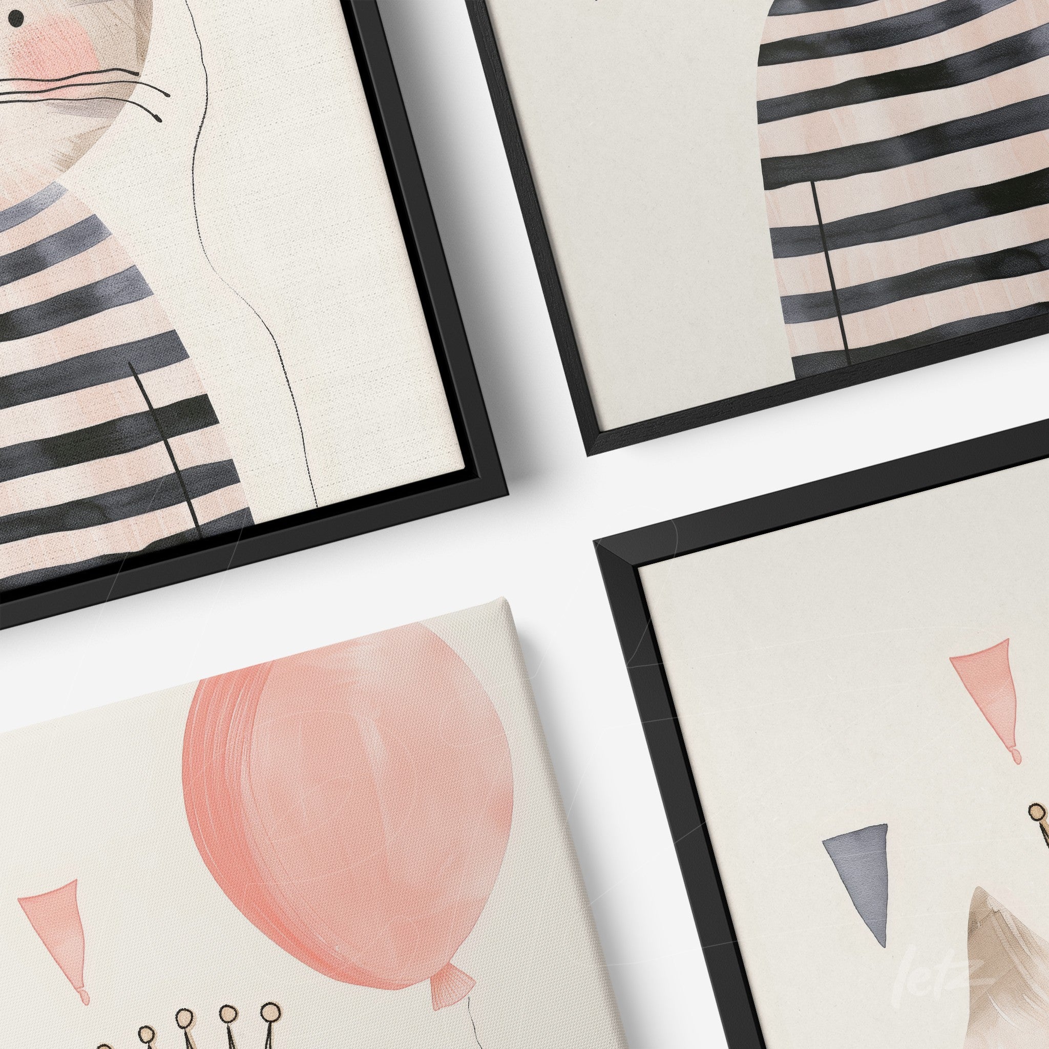 collection of framed wall art featuring minimalist illustrations of a striped cat, pink balloons, and festive flags, all in black frames