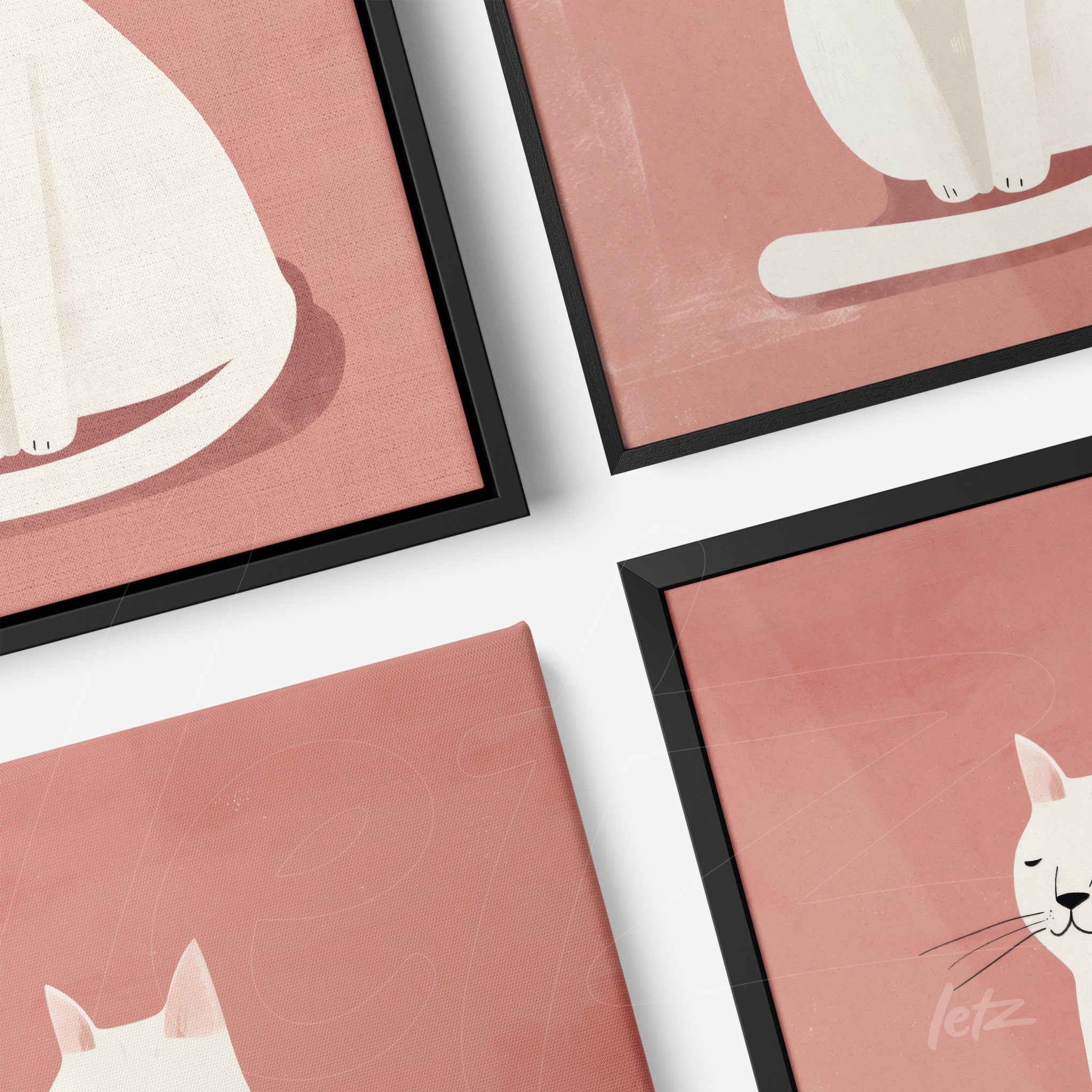 series of framed wall art featuring minimalist illustrations of cats on soft pink background with black frame