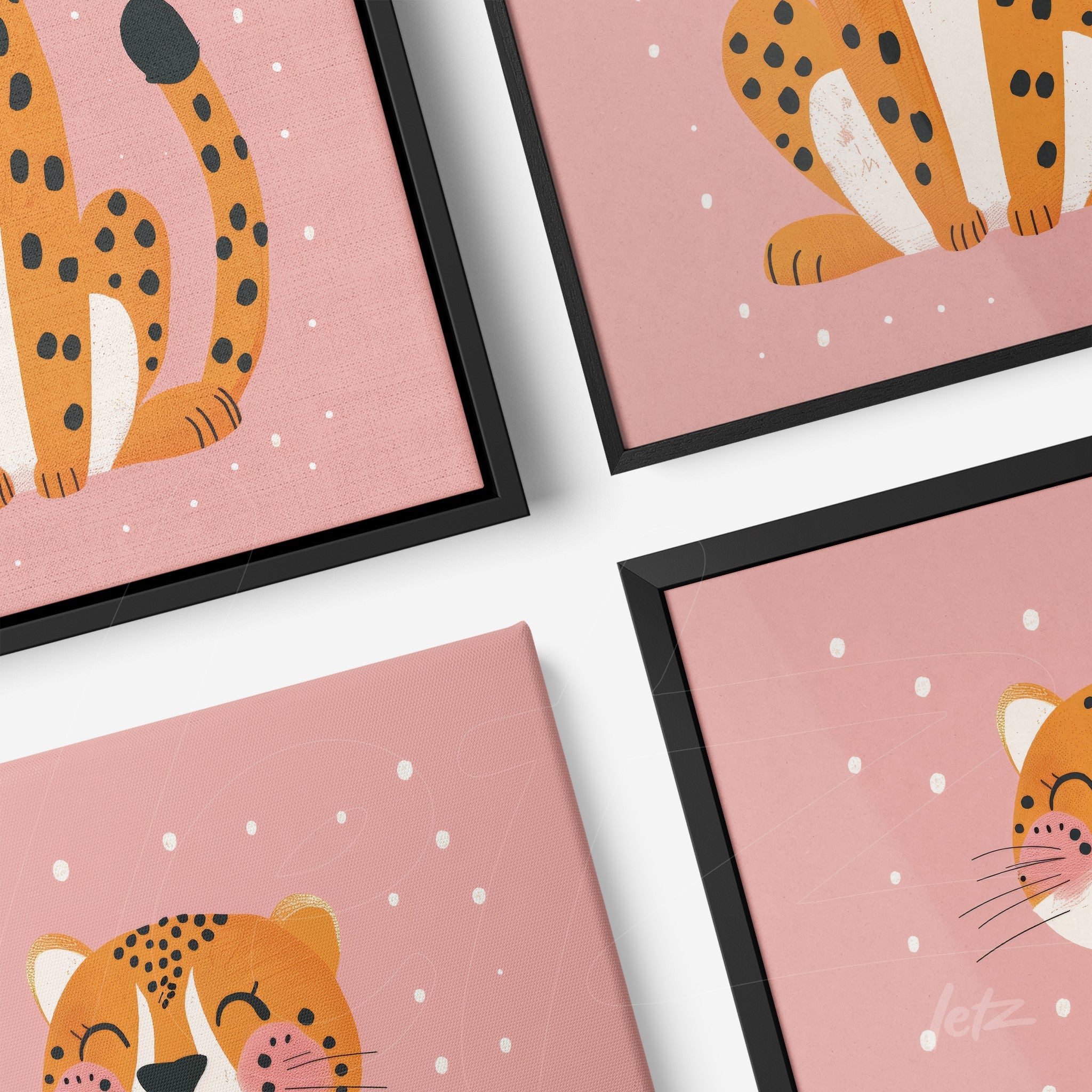 collection of framed wall art featuring leopard illustrations on pink background with black frames