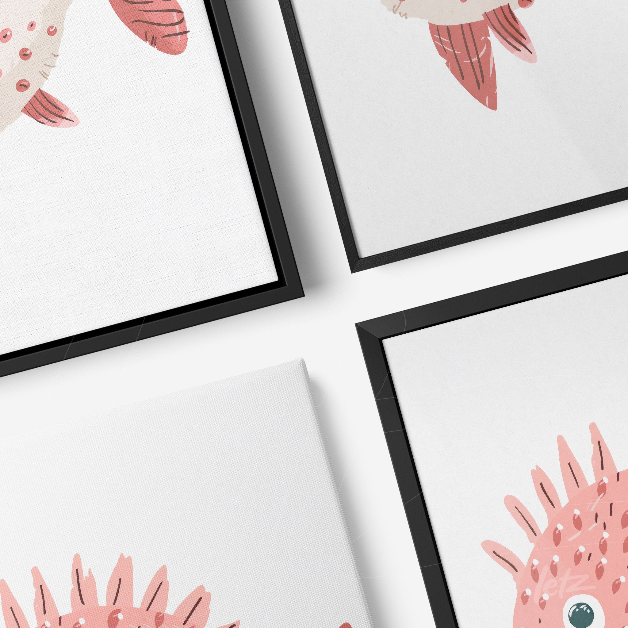 composition of framed wall art featuring pink fish illustrations with thin black frames