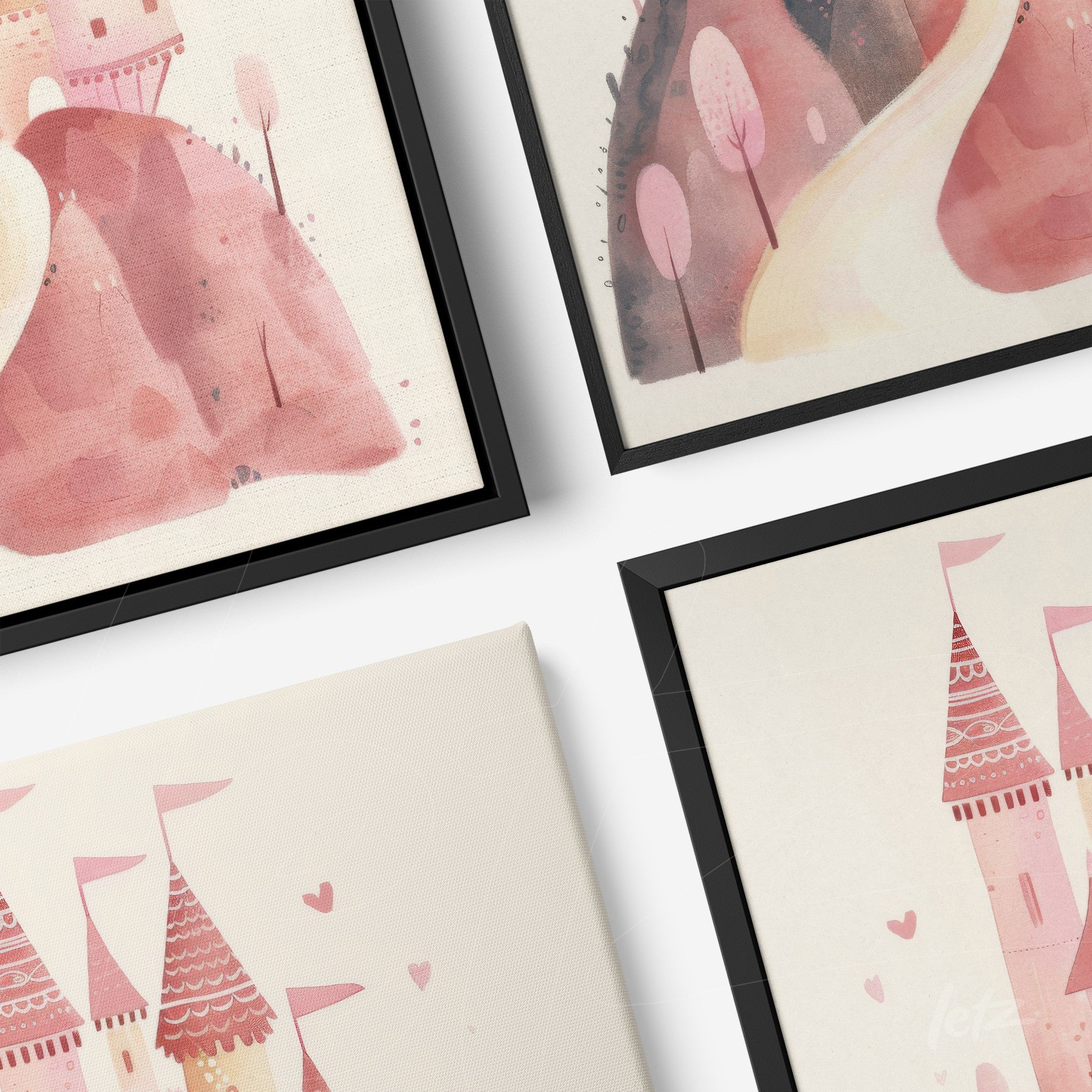 collection of framed wall art featuring pink watercolor illustrations of castles and trees with black frames