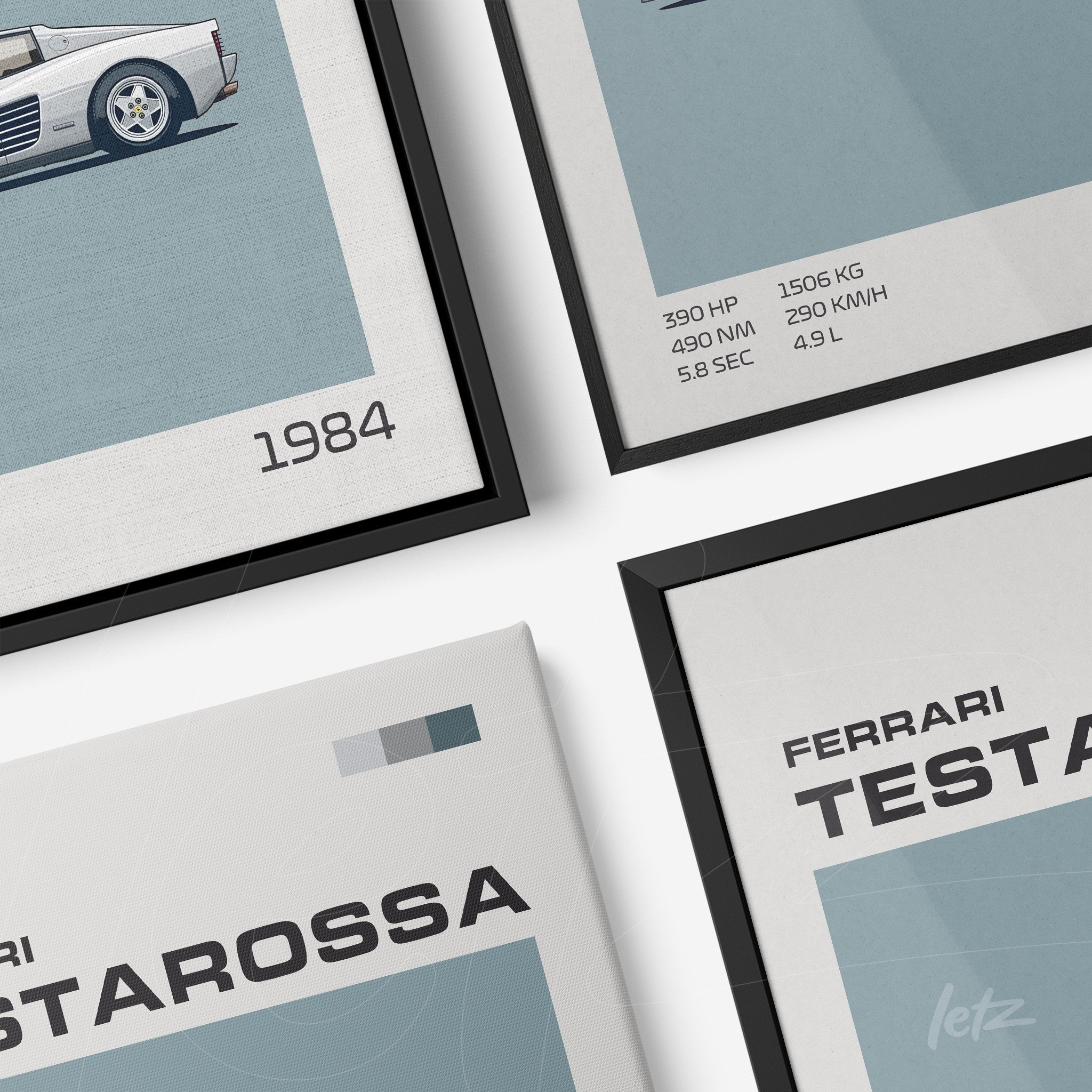 framed wall art featuring digital illustration of Ferrari Testarossa with black frame and canvas print