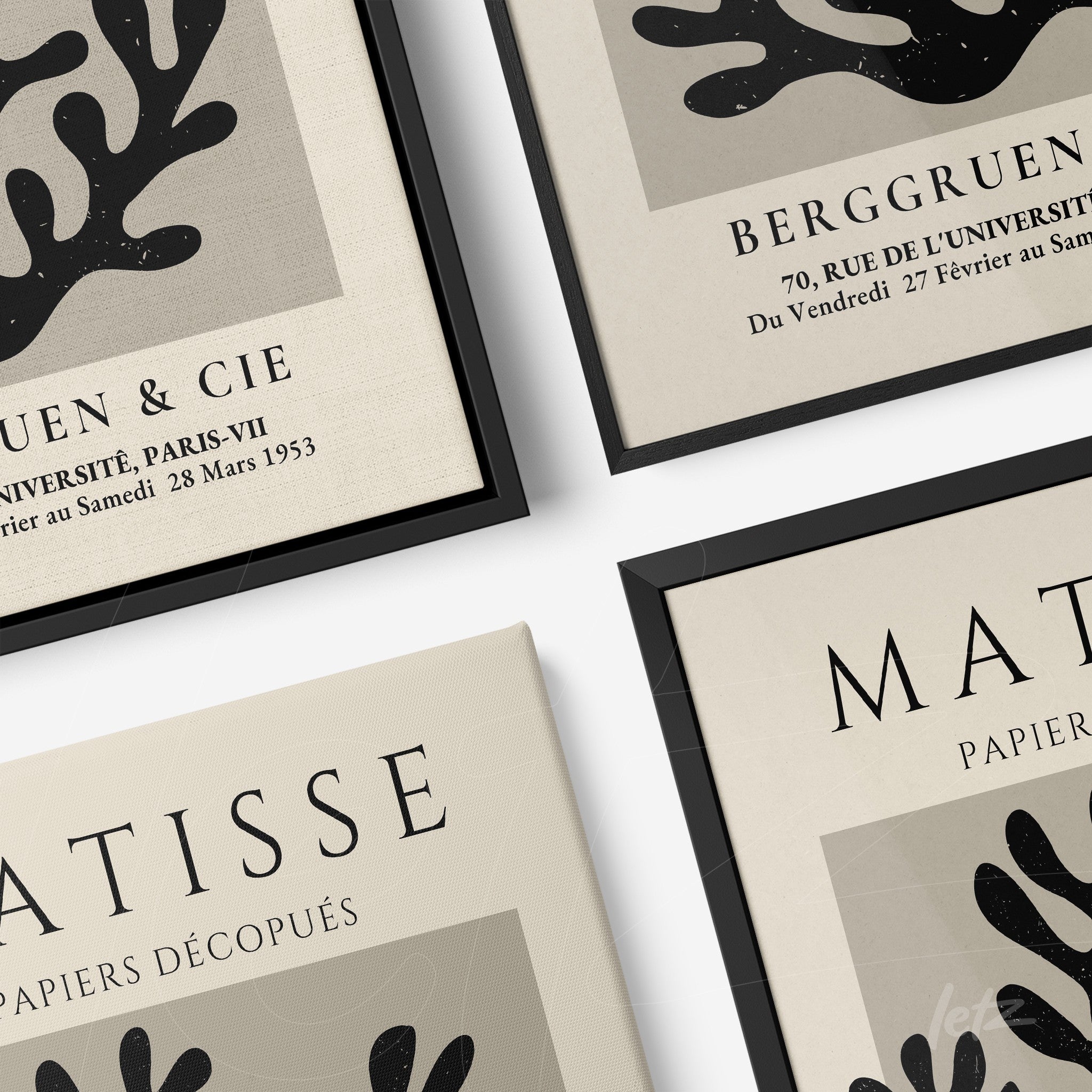 collection of decorative framed art prints featuring abstract coral designs and references to Matisse