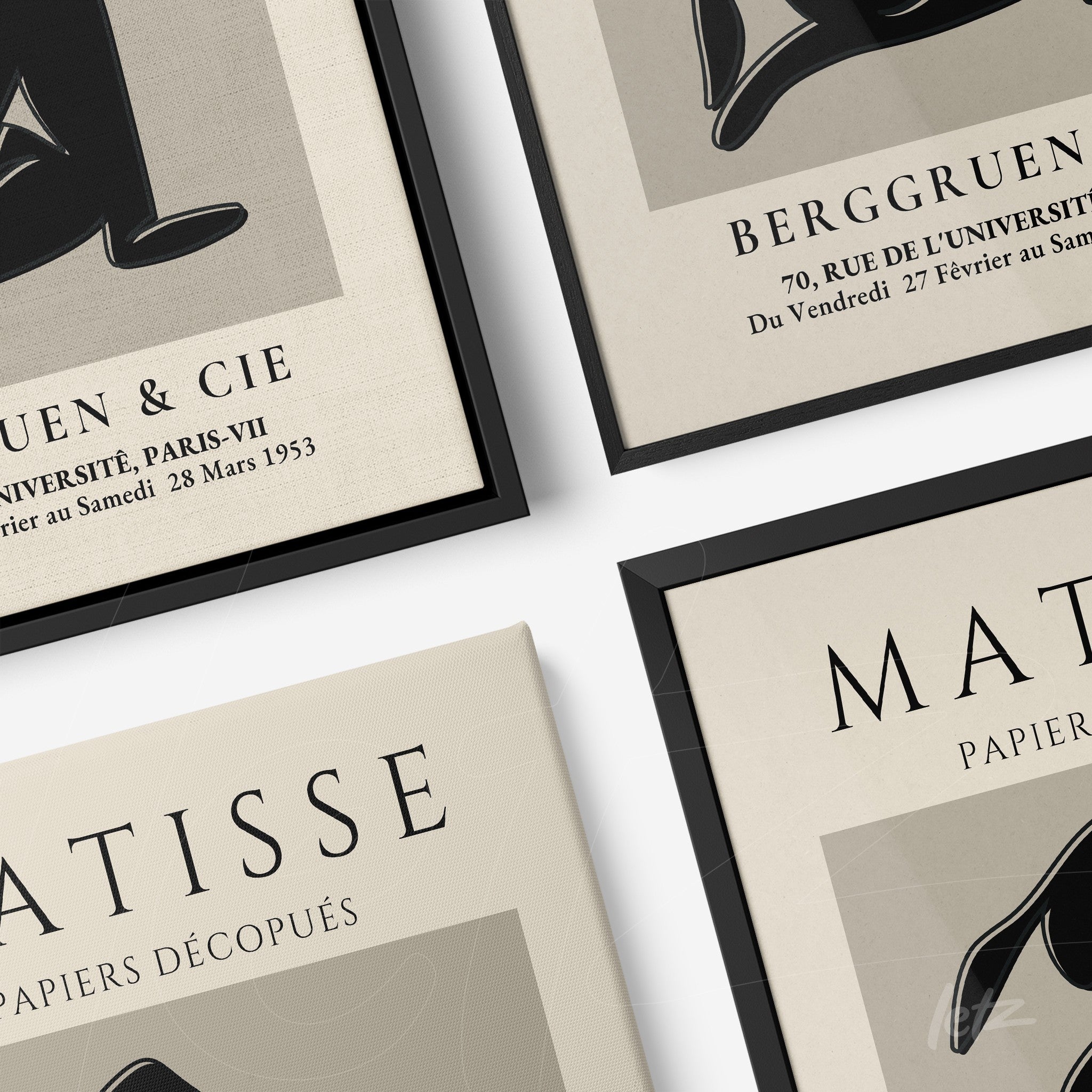 composition of framed black and white illustrations with black frames and vintage artistic typography