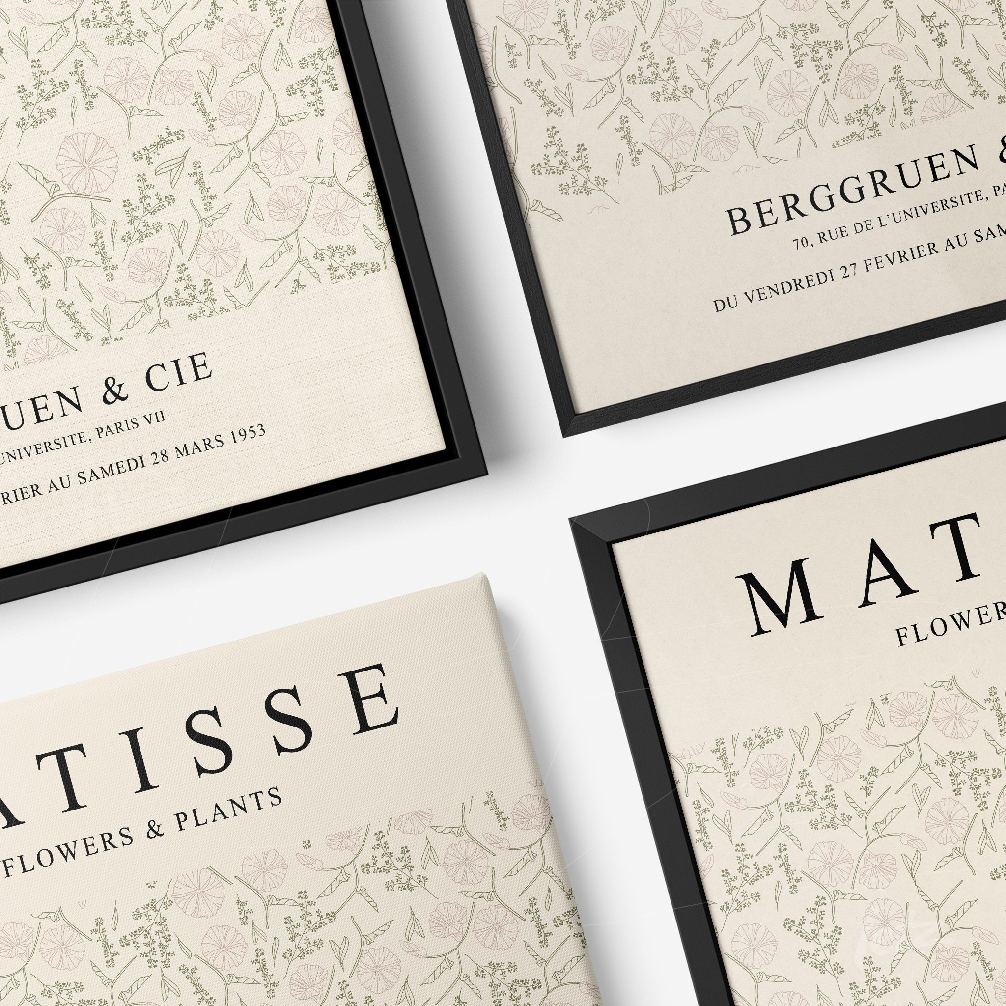 collection of framed botanical illustrations with delicate floral patterns, featuring black and natural frames on a light background