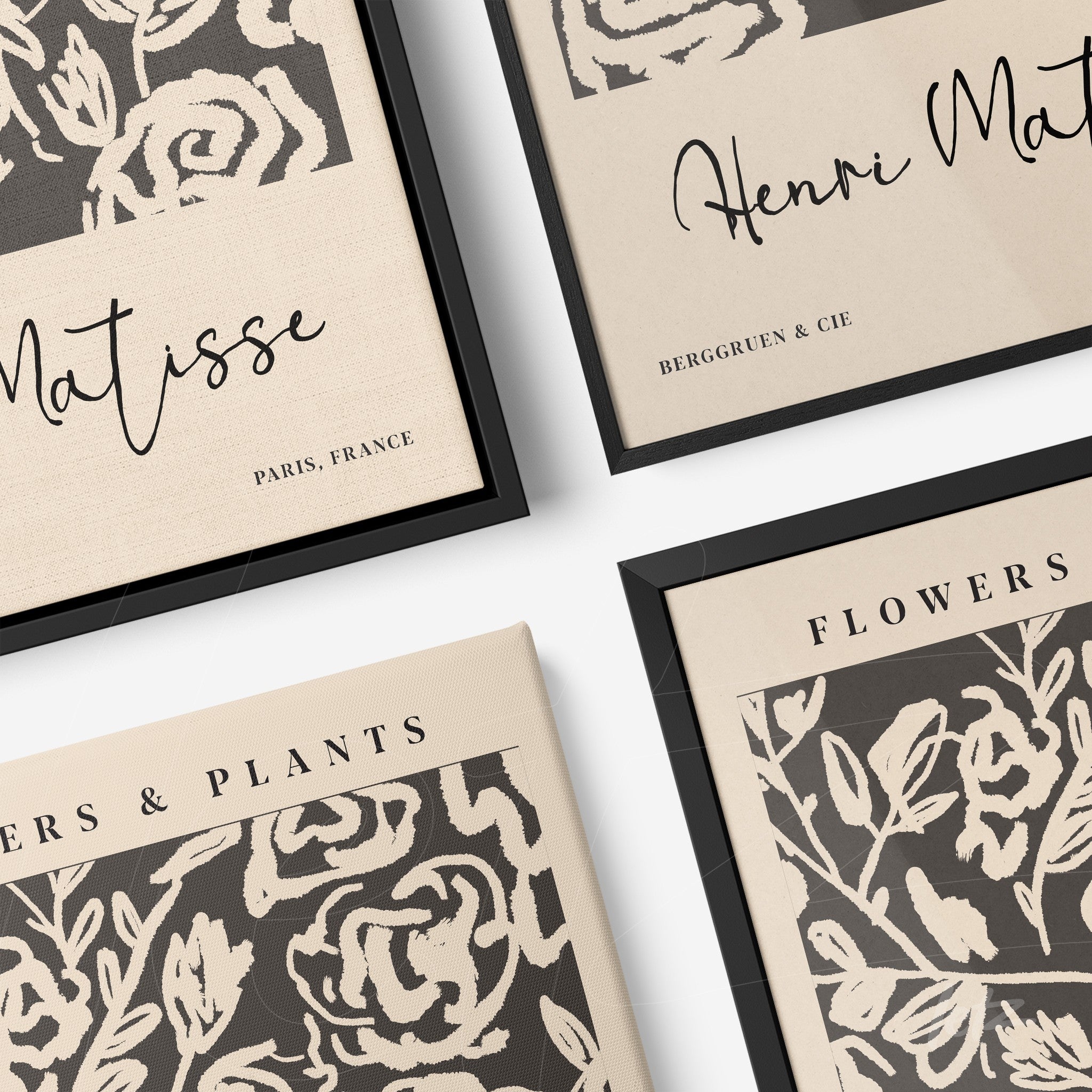 collection of framed wall art featuring modernist floral illustrations with black frames and light background alongside elegant text