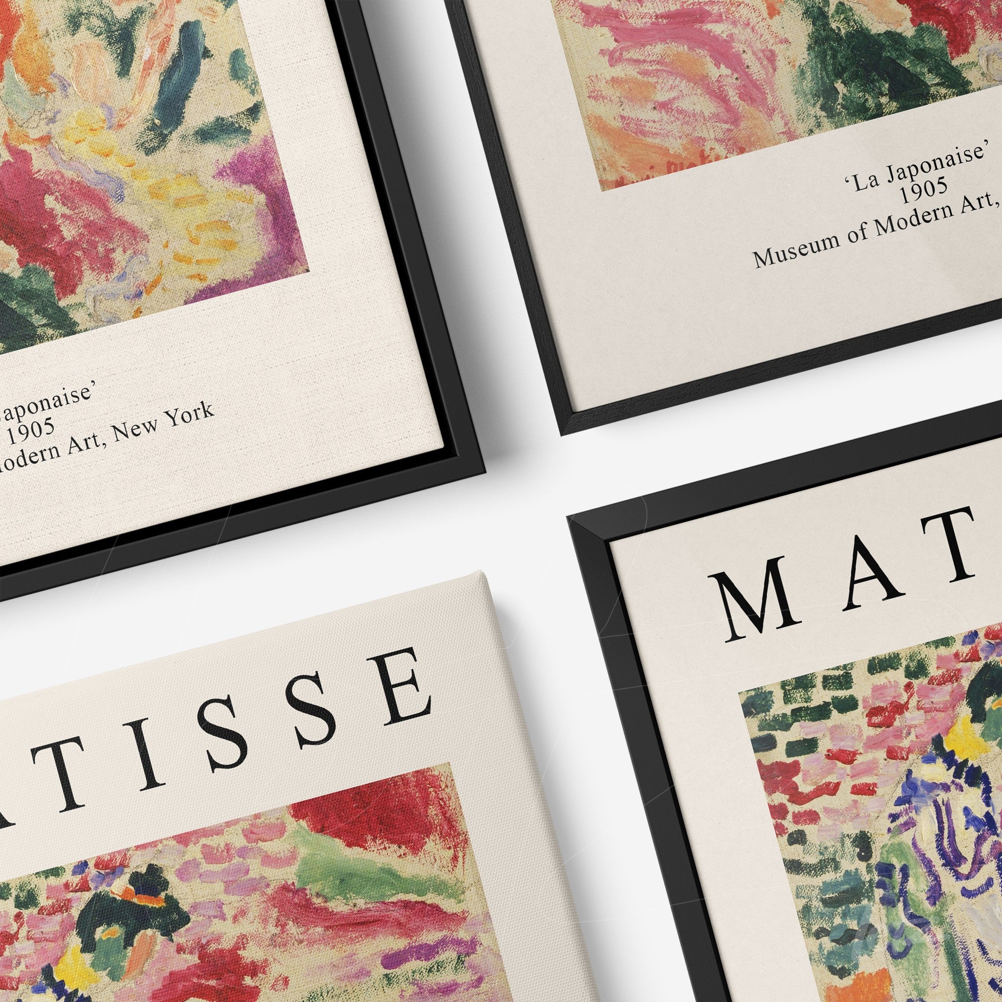 composition of modern framed wall art featuring 'La Japonaise' by Matisse with black and white frames