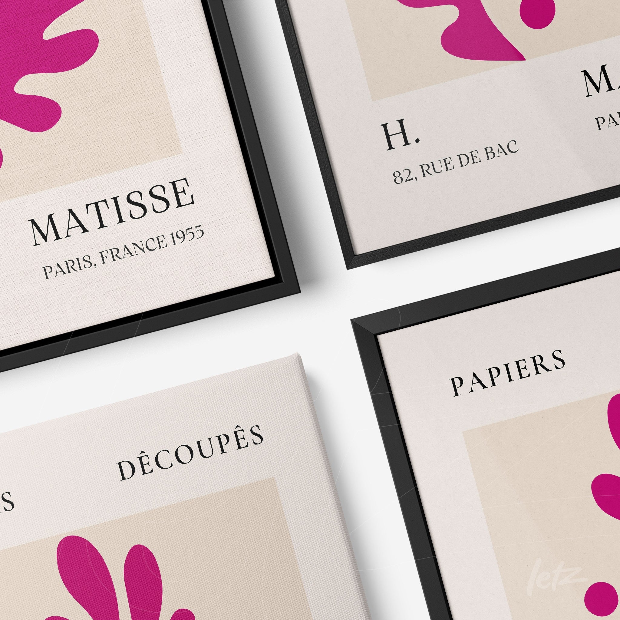 collection of framed wall art featuring Matisse-inspired design with a light background and colorful shapes