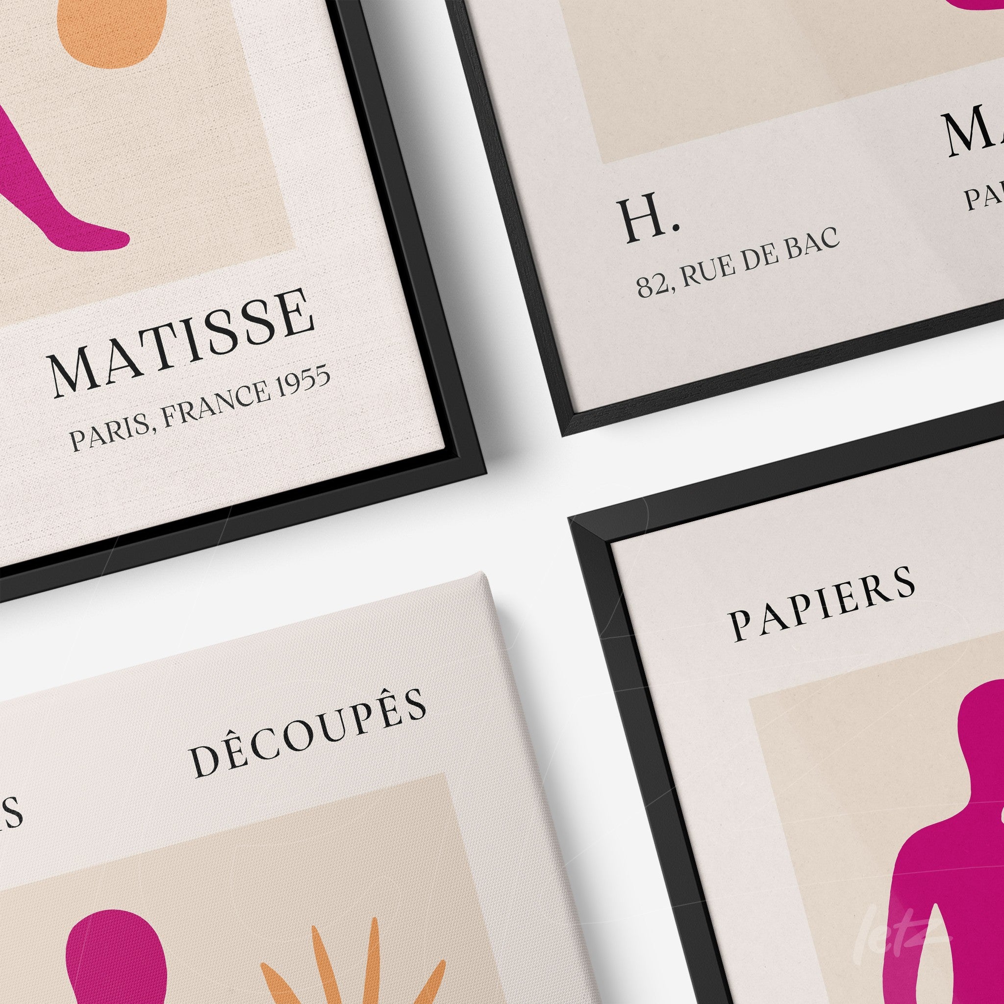 composition of framed artworks featuring colorful abstract art with black frames, displaying human figures and natural elements