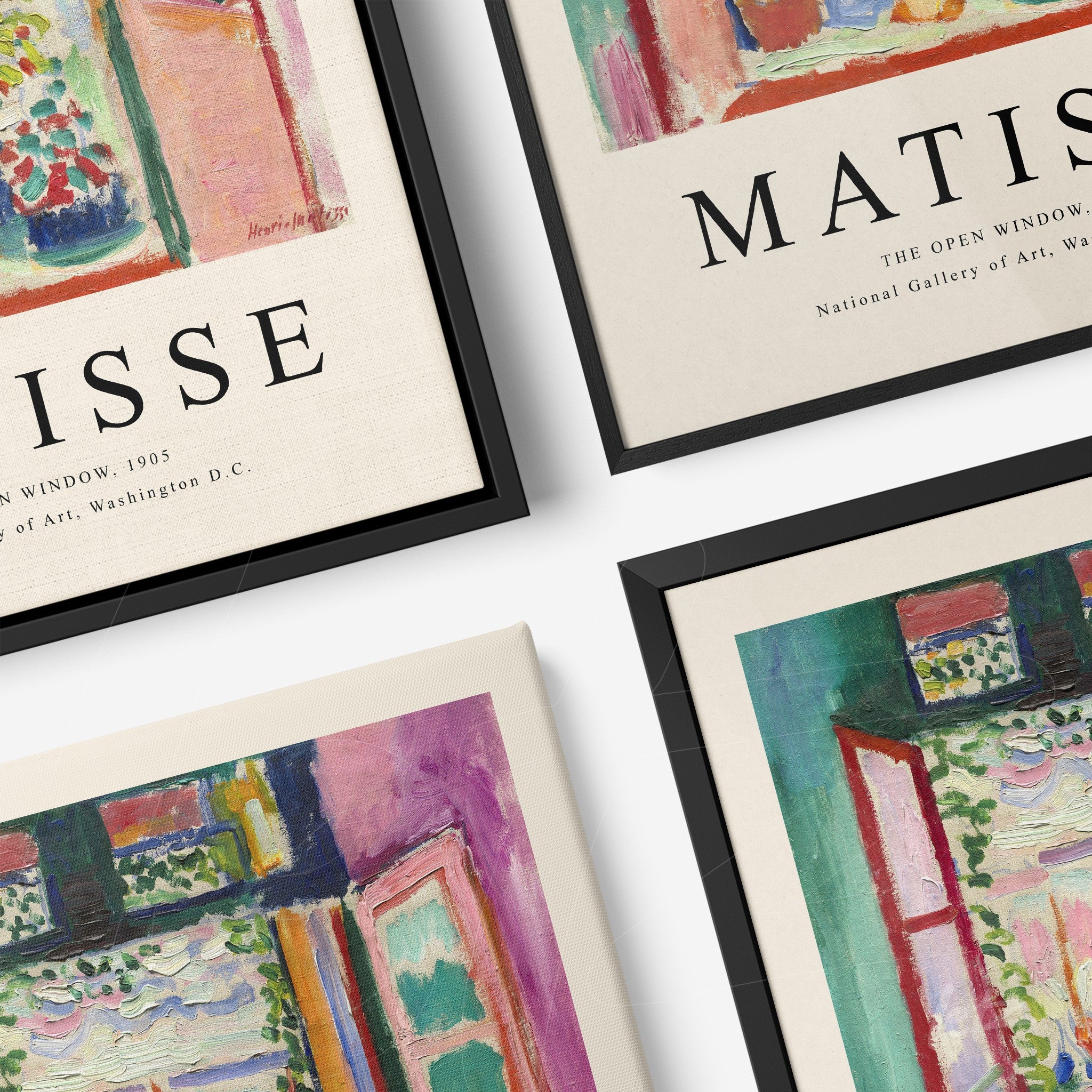 composition of framed wall art featuring Matisse's open window design in black and natural frames