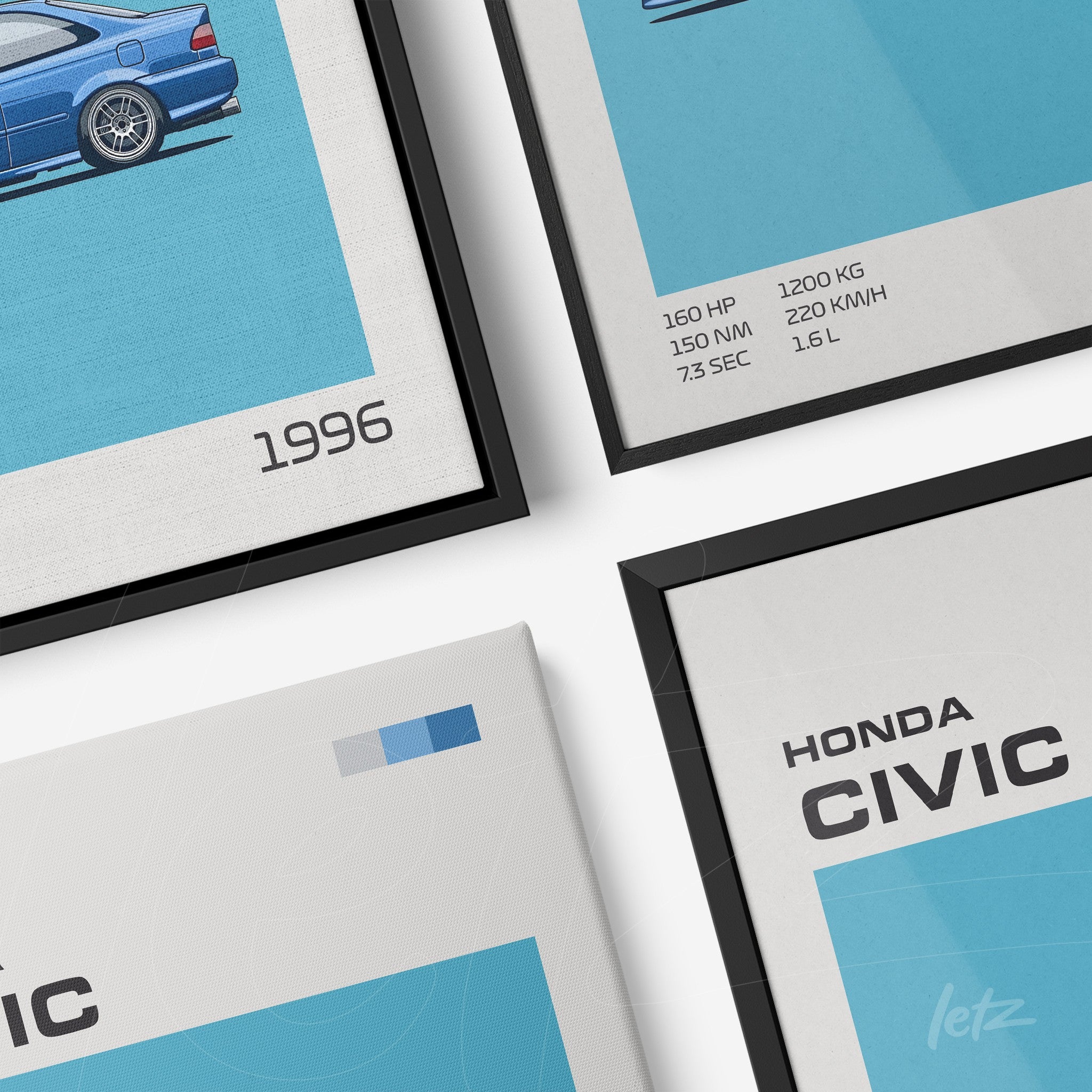 framed wall art featuring a 1996 Honda Civic in black and white frames