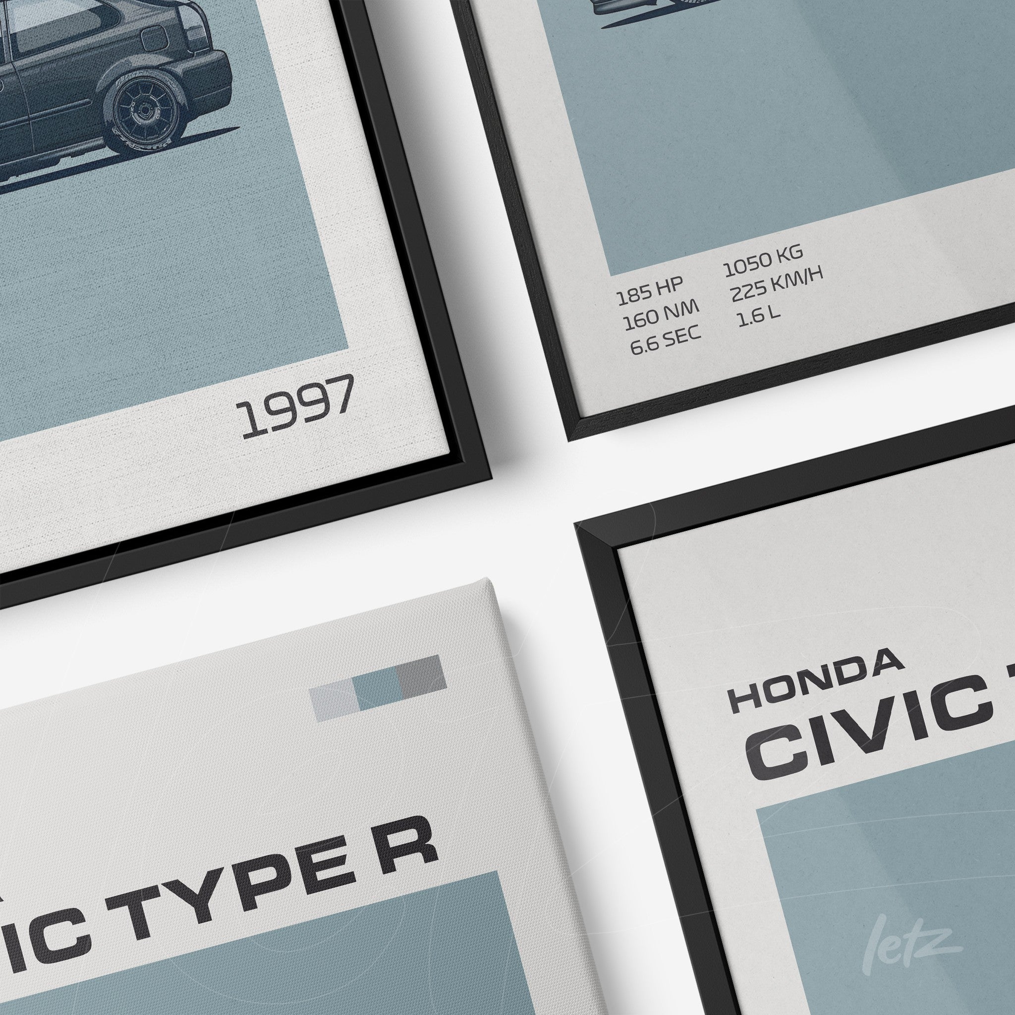 digital artwork of framed wall art featuring minimalist car illustrations with black frame and canvas texture