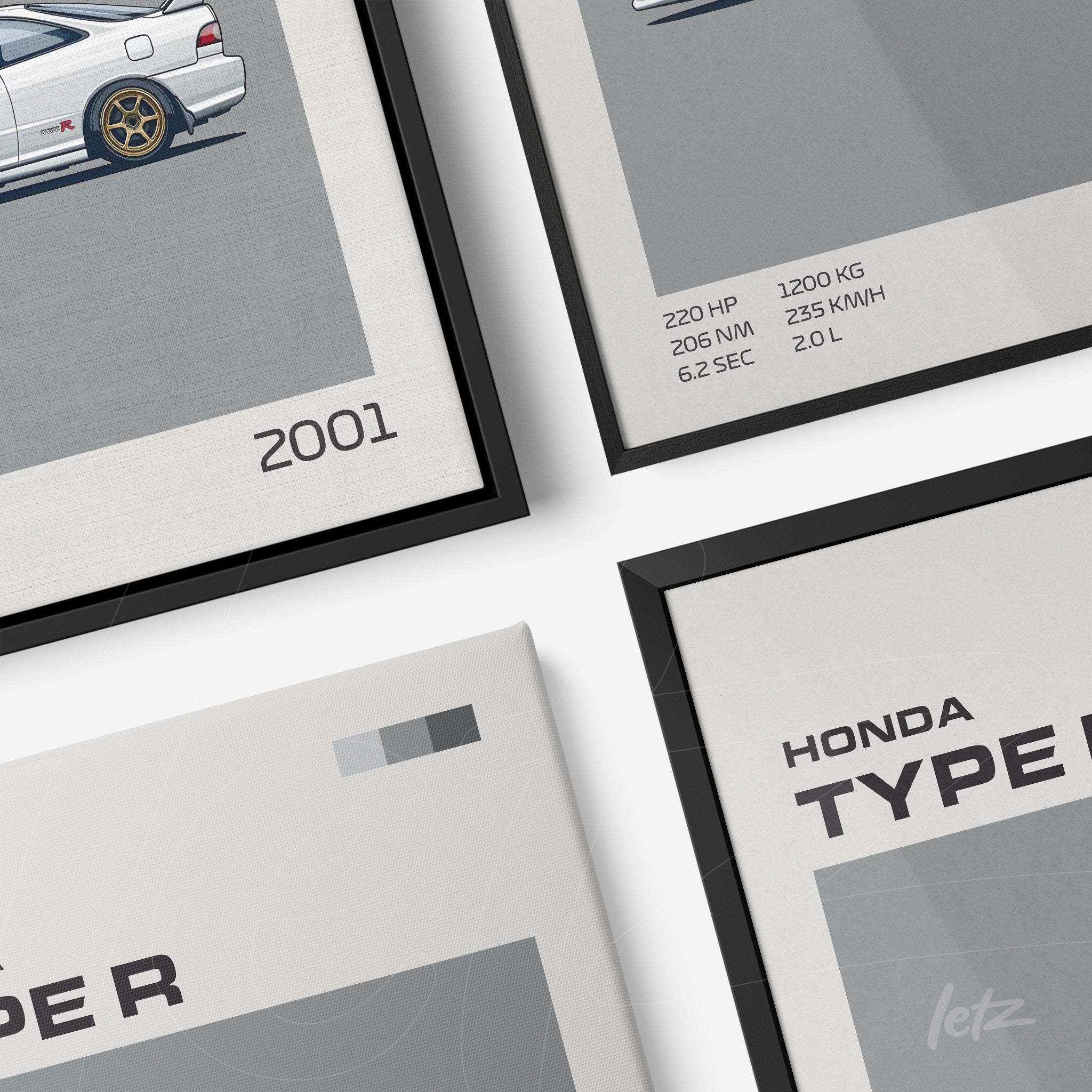 collection of framed minimalist car illustrations with black frames and light backgrounds