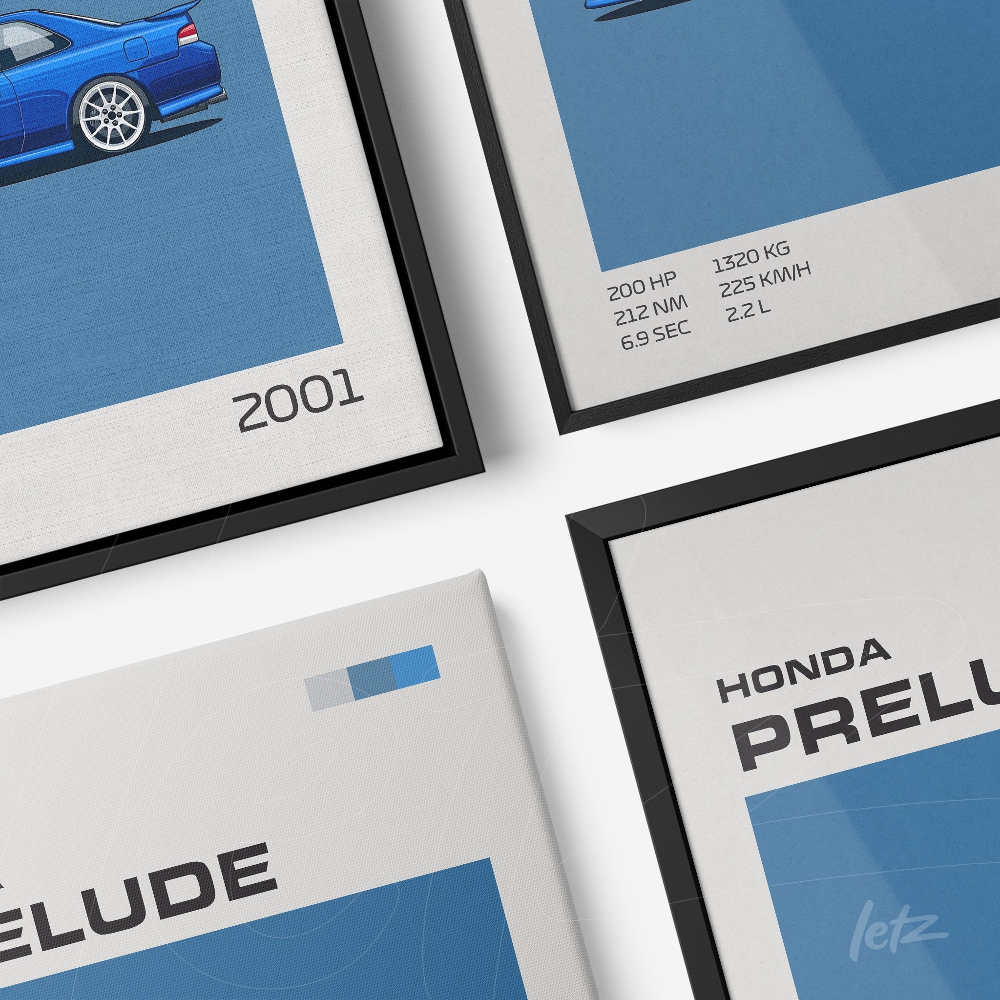 composition of wall art featuring digital illustration of Honda Prelude in shades of blue with technical details in a black frame and a white frame