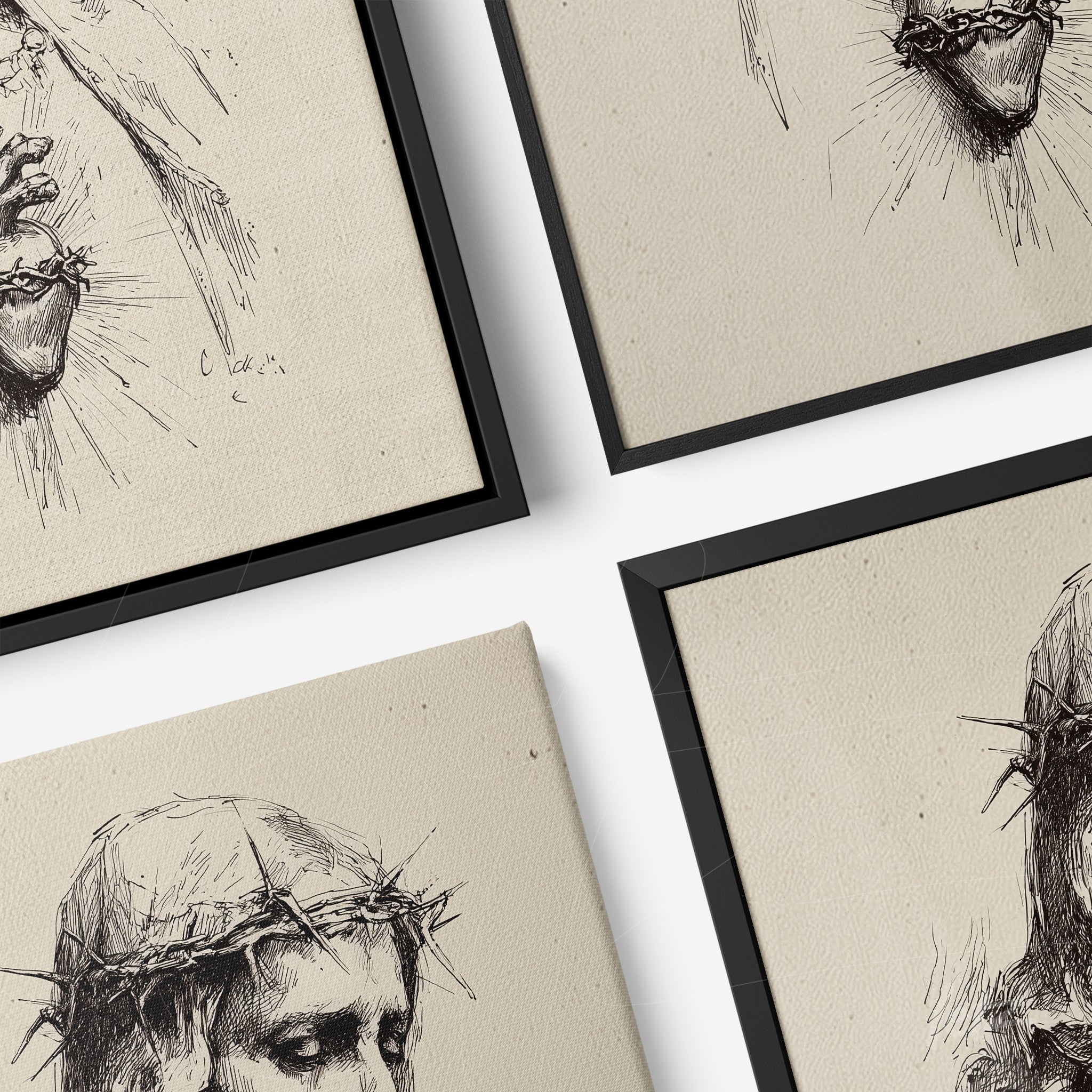 collection of framed artworks featuring monochrome illustrations of human figures with thorn crowns in black frames
