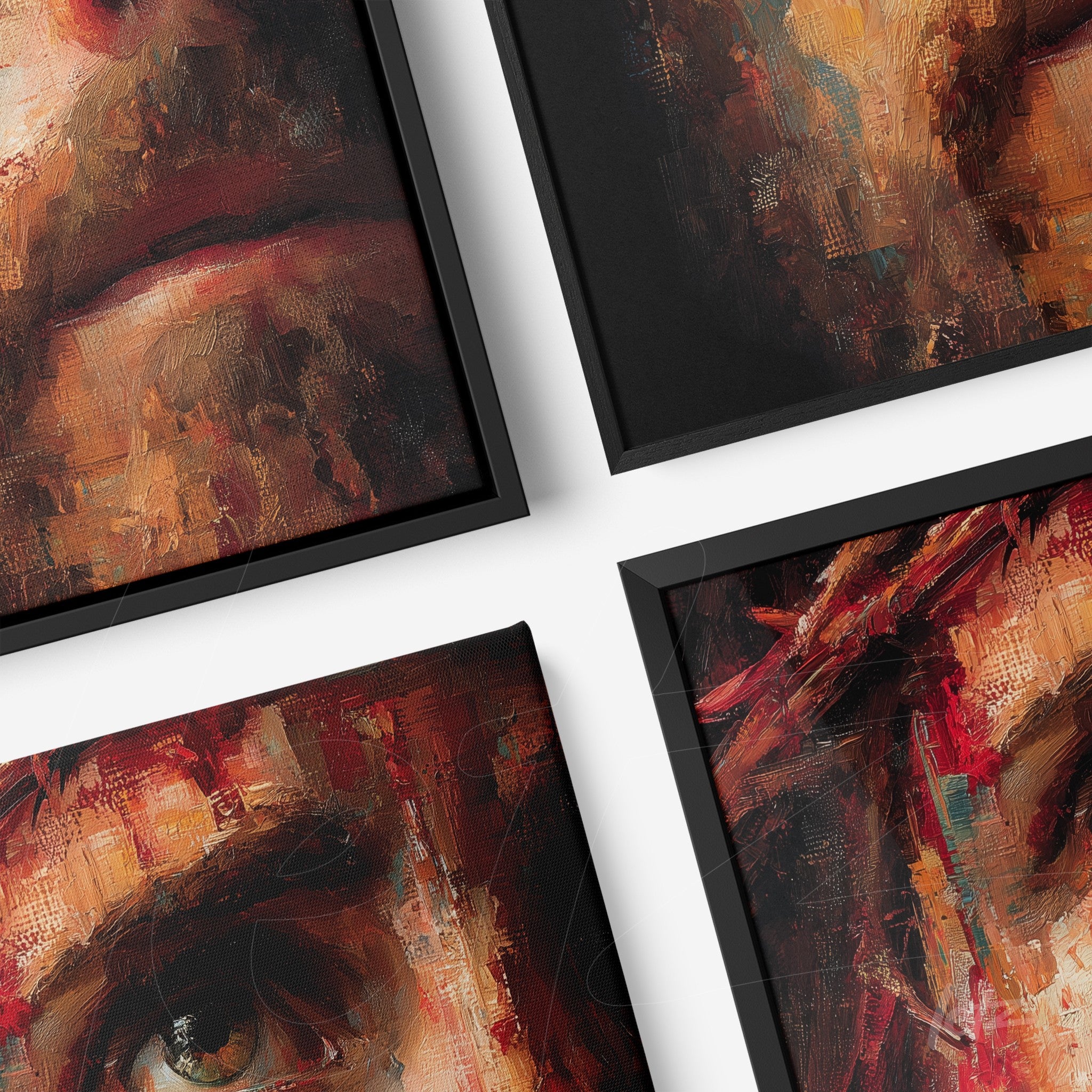 composition of framed abstract portraits with intense expressions in black frames