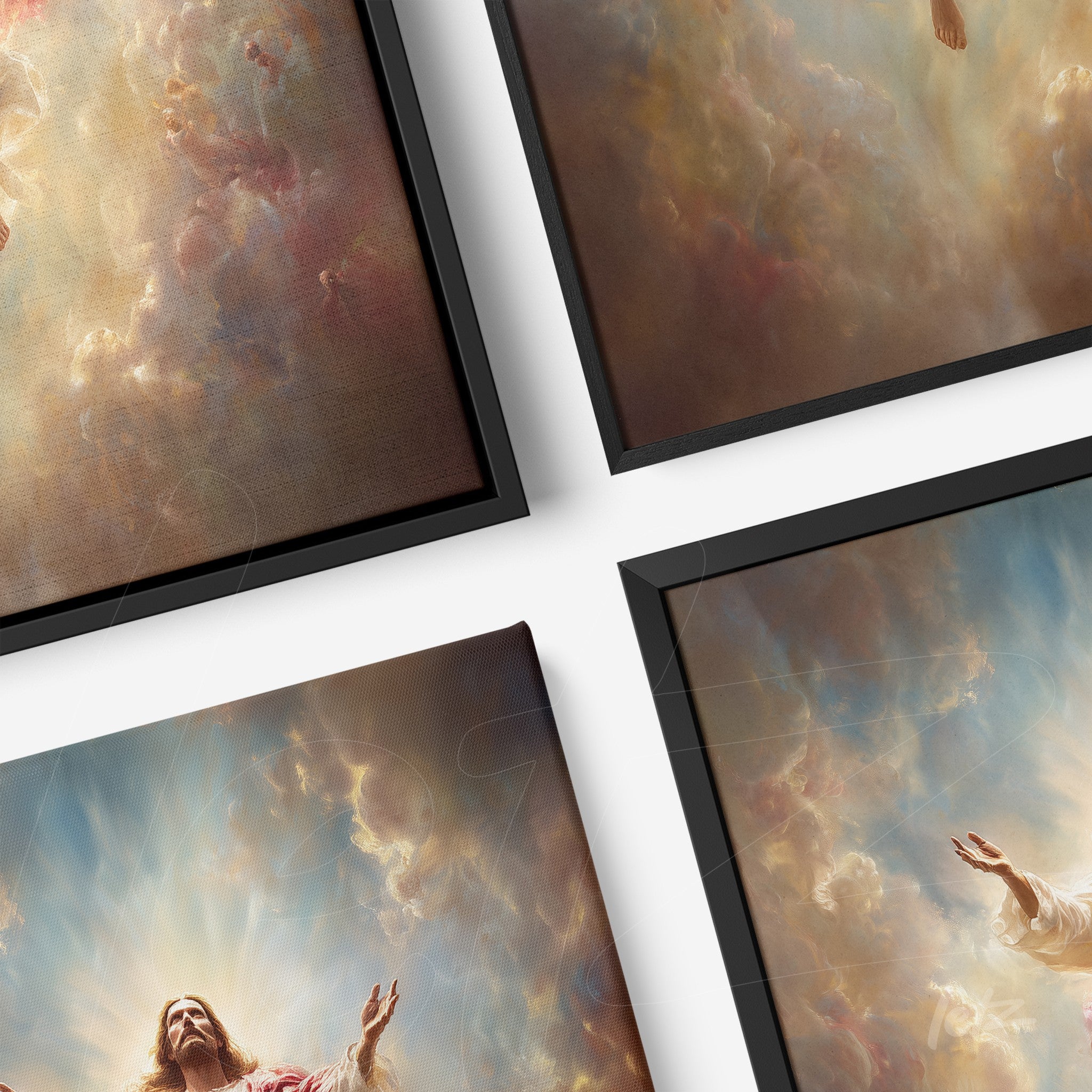 composition of framed wall art depicting angelic figures and clouds in classic style with black frames