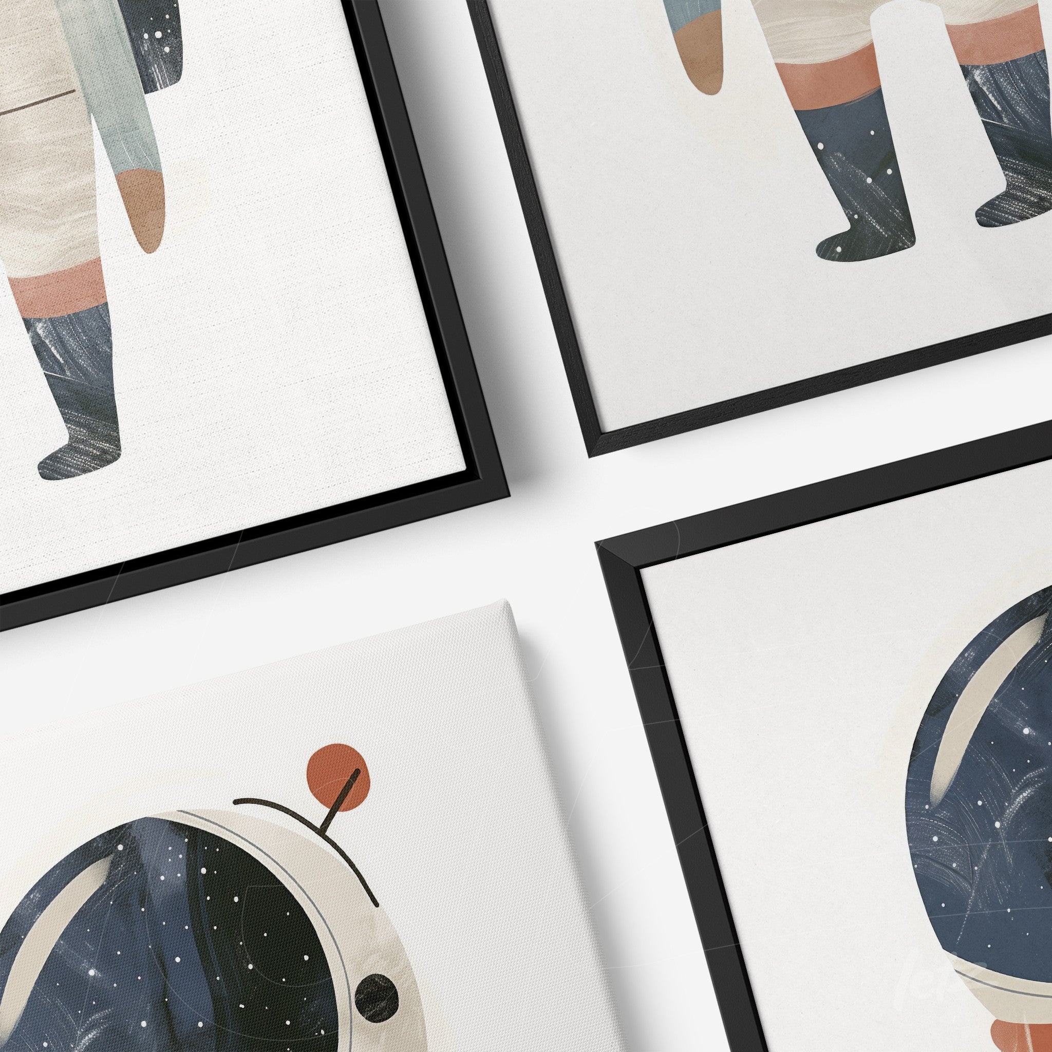 set of framed artwork featuring minimalist astronaut designs with geometric shapes on light background