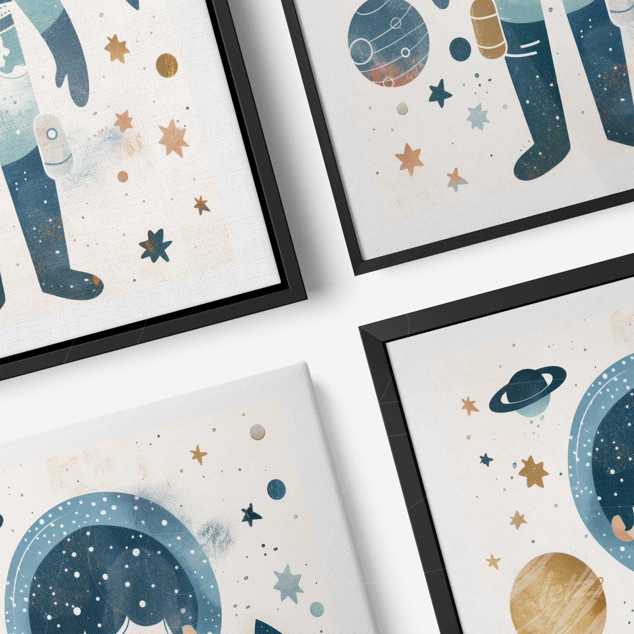 set of framed artworks featuring astronaut and planet illustrations with sleek black frames