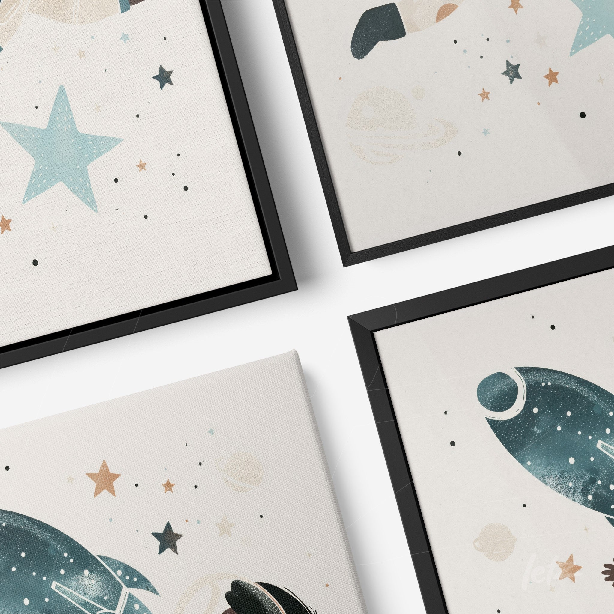 set of framed wall art featuring cosmic elements like stars, planets, and rockets on a light background with black frames