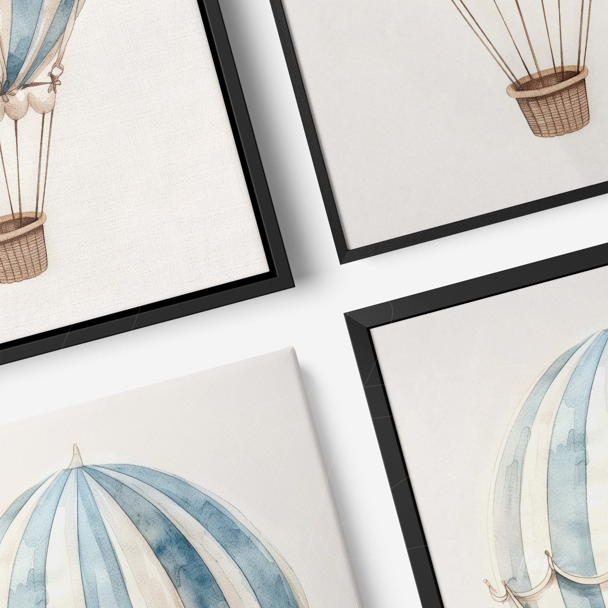 collection of framed artworks featuring watercolor illustrations of hot air balloons in black frames