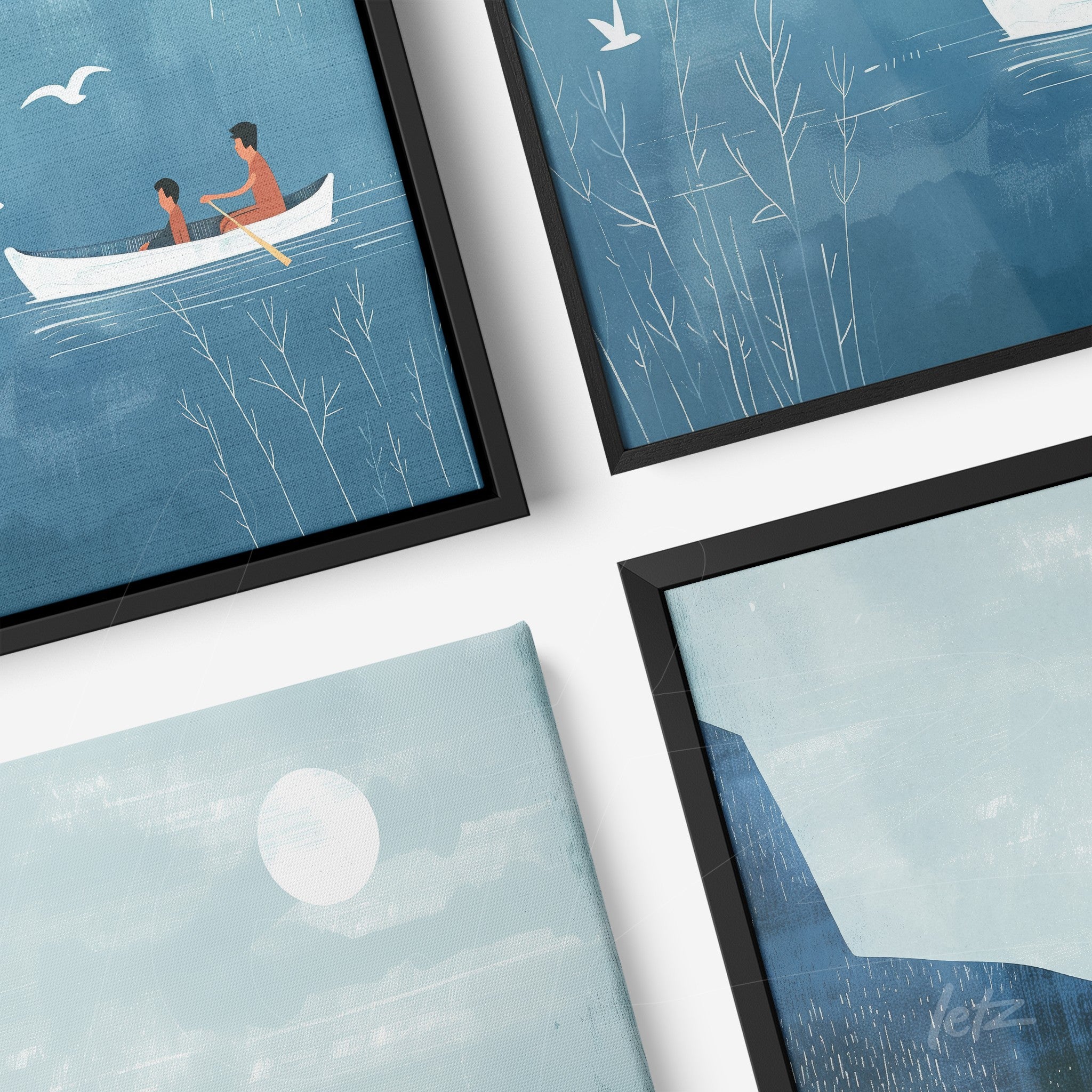 collection of framed wall art featuring blue illustrations of a canoe with two people on a lake, elegant black frames