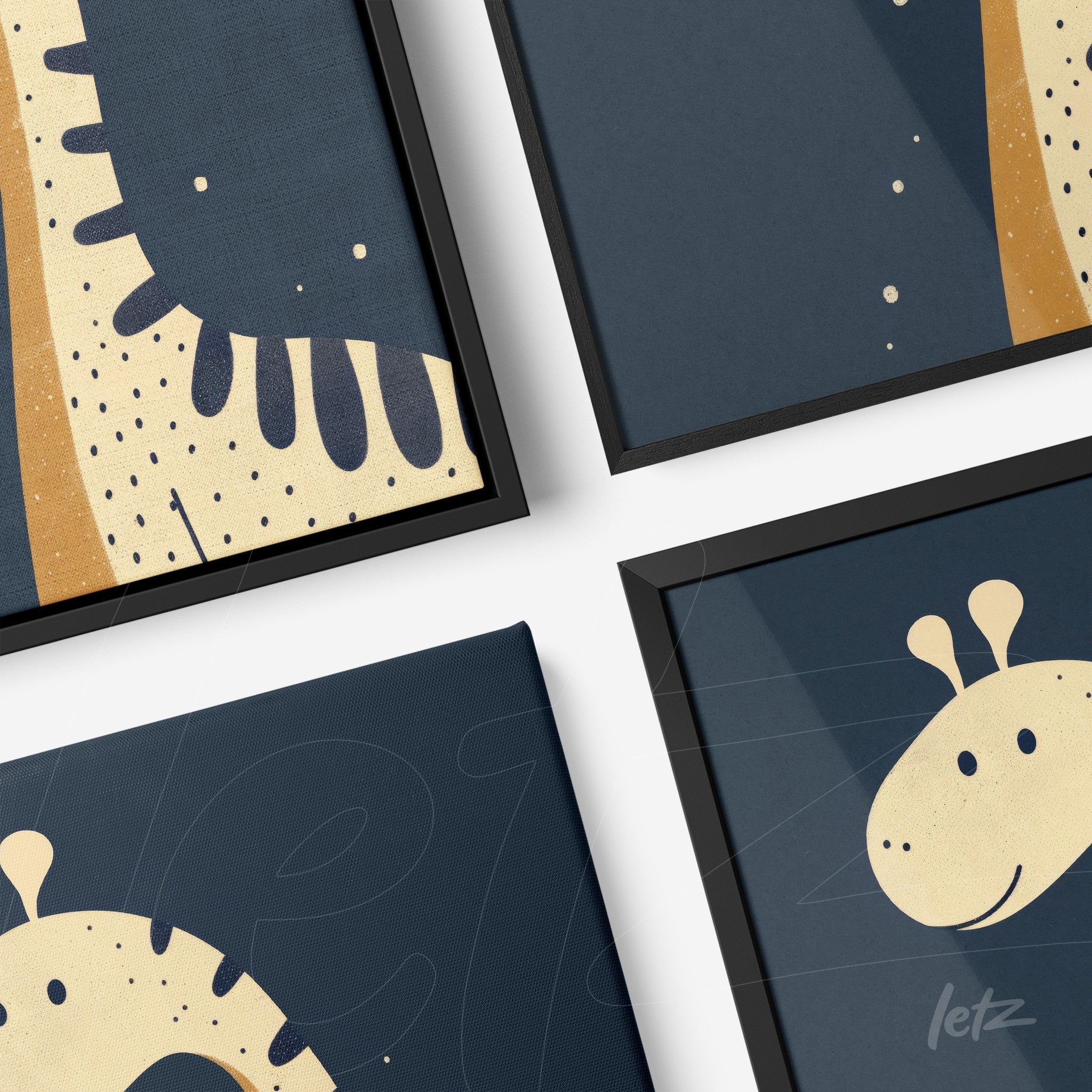 composition of abstract animal-themed framed artworks with black frame, dark blue background, and gold details