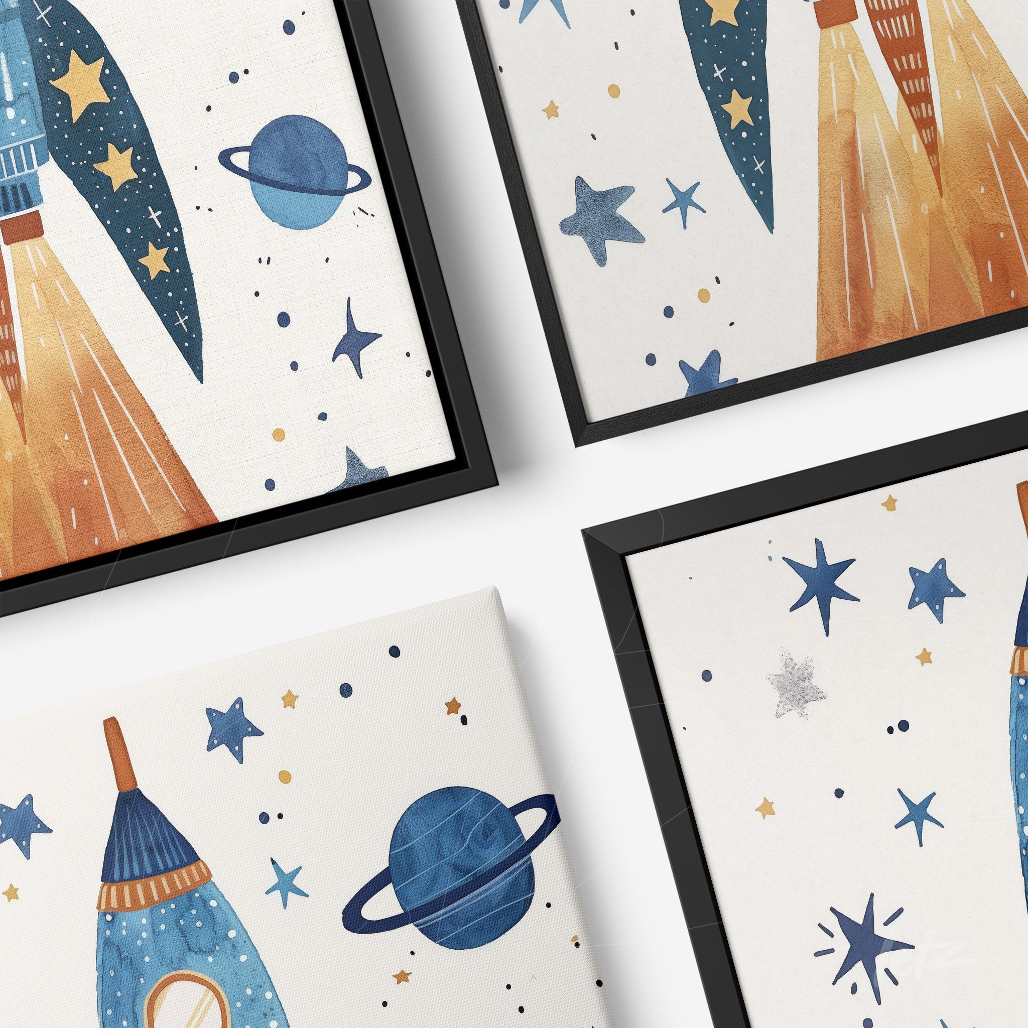 collection of artistic wall art depicting rockets and planets in black frames