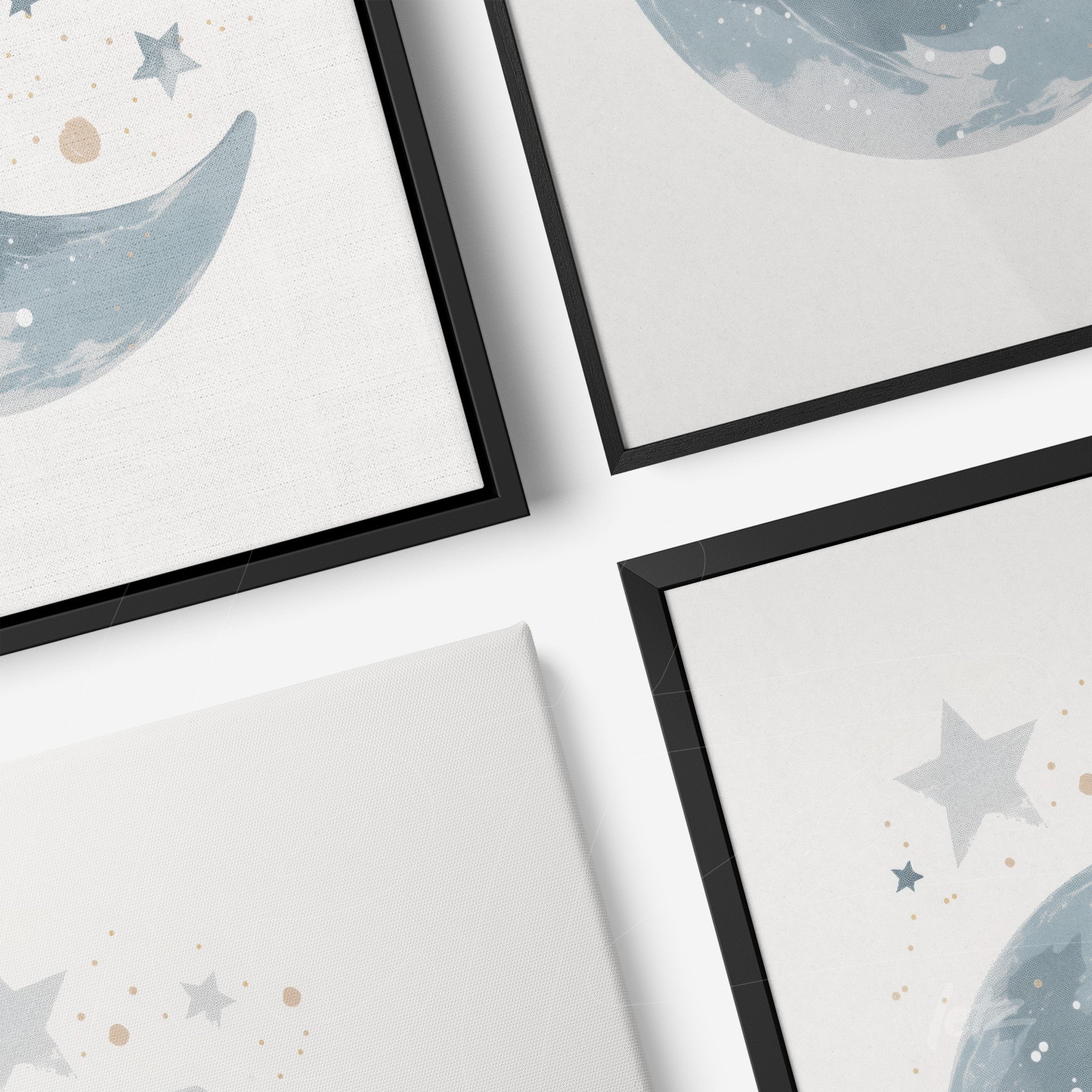 collection of wall art featuring night sky illustrations with blue moon and stars on light background, framed in thin black frames