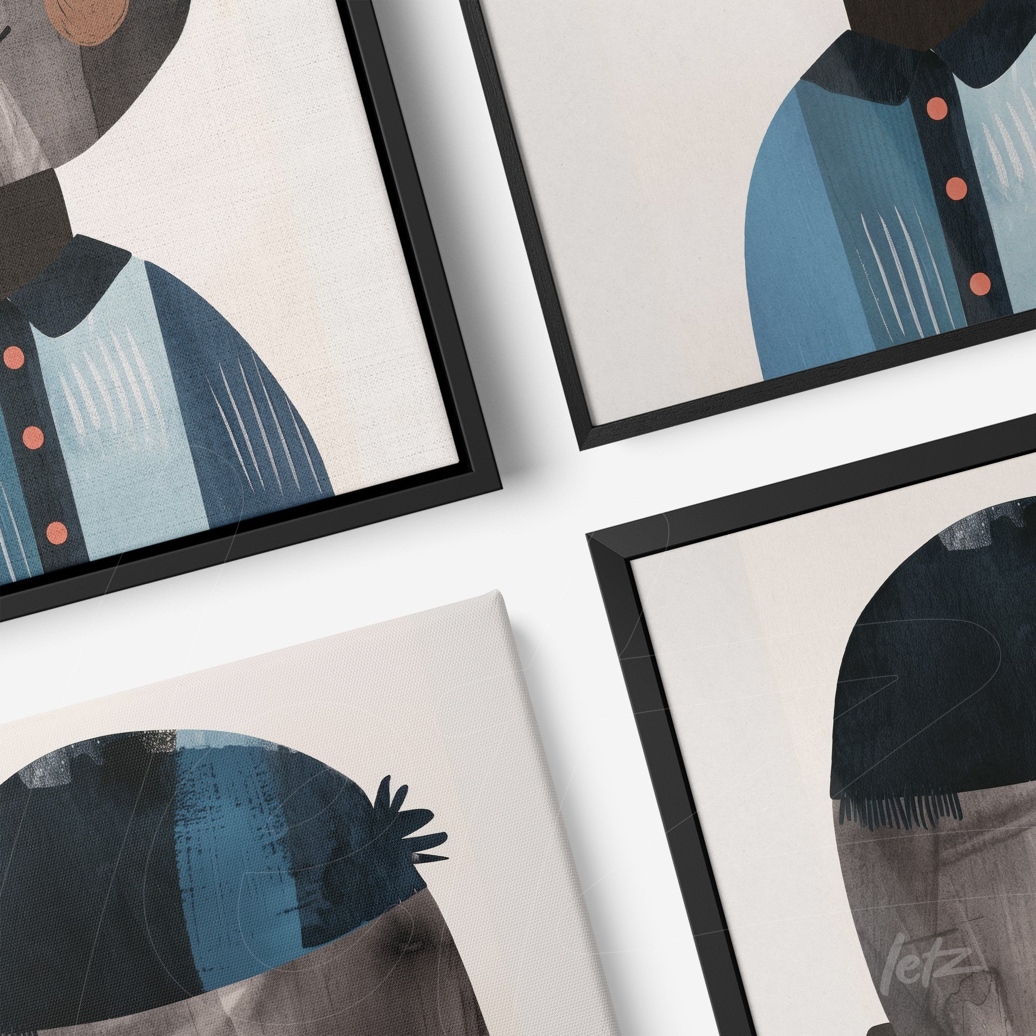 set of framed modern art portraits featuring figures with hats and clothing in shades of blue and gray with black frames