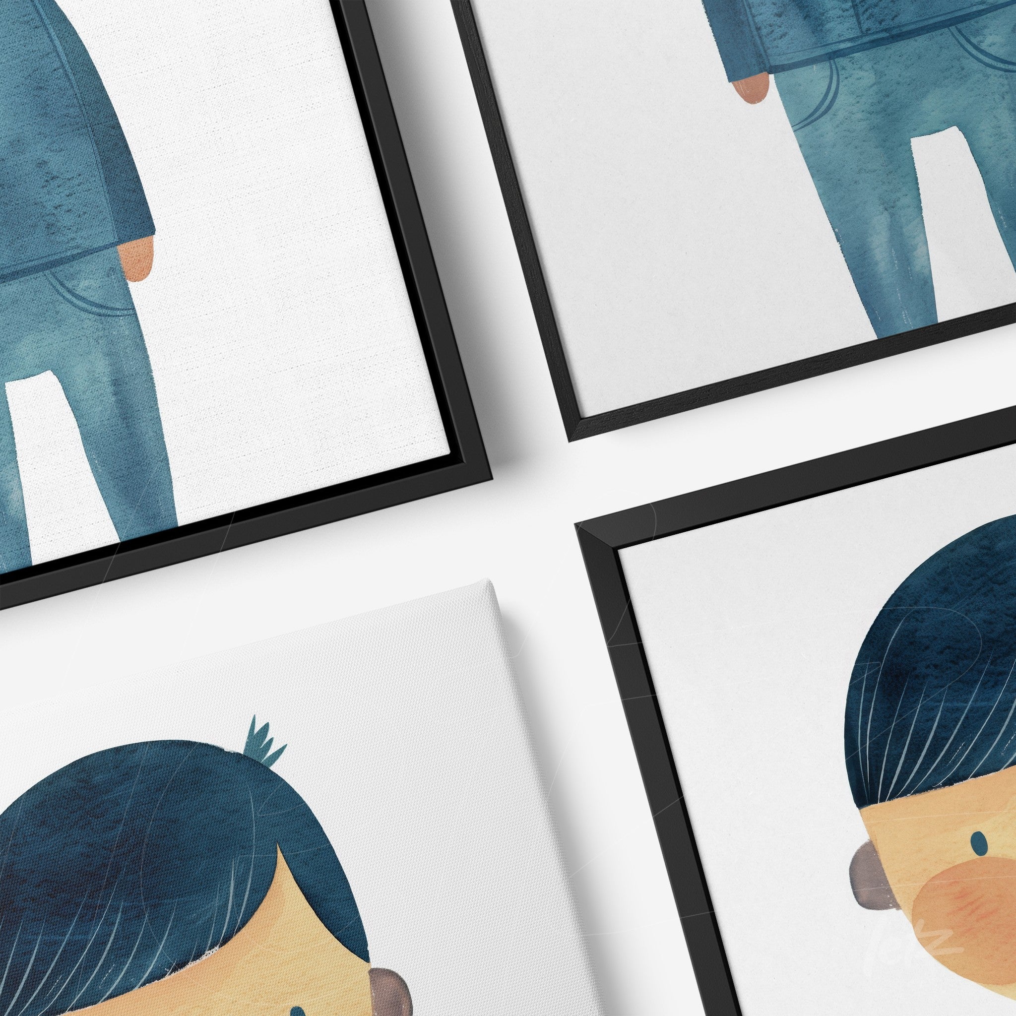 collection of framed wall art featuring childlike character illustrations in black frames with light backgrounds and blue outfits