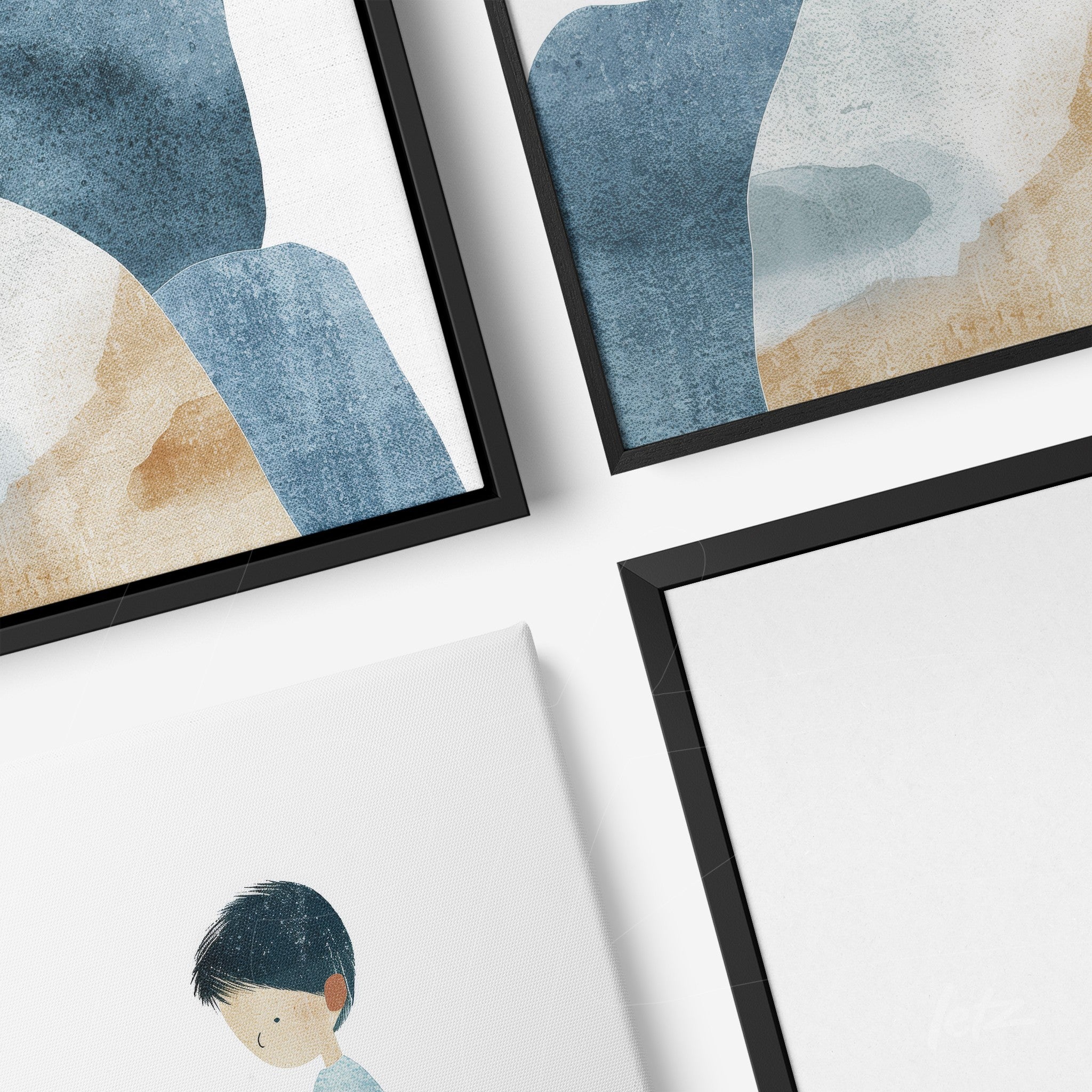 collection of artworks featuring abstract designs in shades of blue and cream framed in black