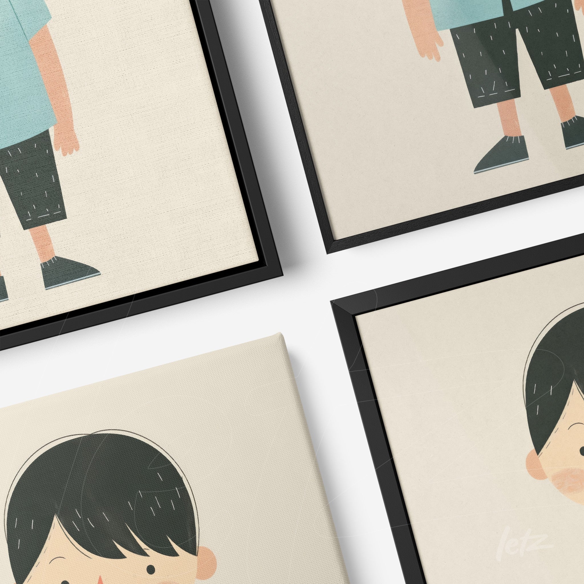 set of decorative wall art featuring minimalist illustrations of children with thin black frames and light background