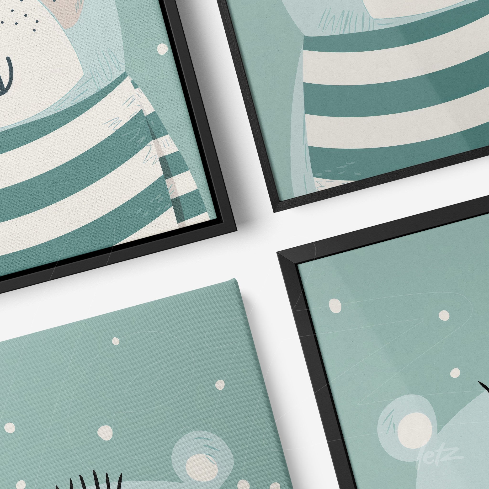 collection of decorative wall art featuring minimalist animal illustrations with black frames and light blue background