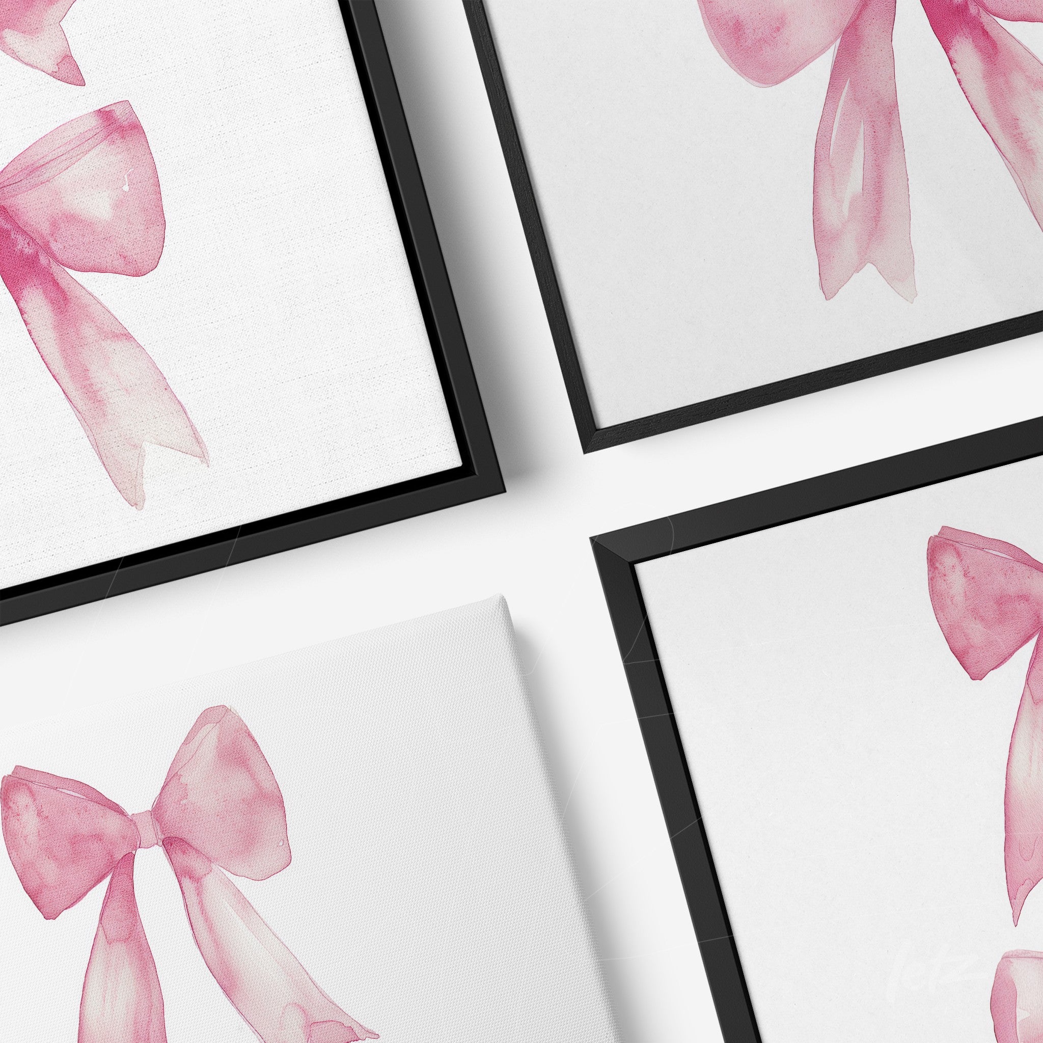 composition of framed wall art featuring pink bows with black frames and white backgrounds