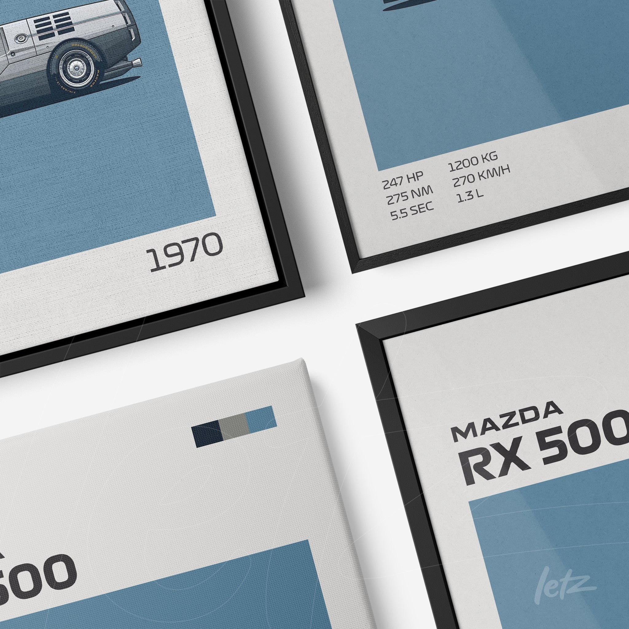 composition of framed art showcasing the Mazda RX 500 car illustrations with technical specifications on blue background, featuring black and white frames