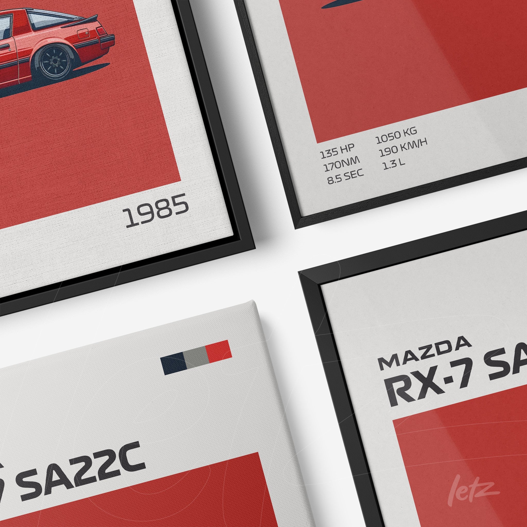 framed artwork featuring the retro style Mazda RX-7 SA22C with sleek black frames and vibrant red background
